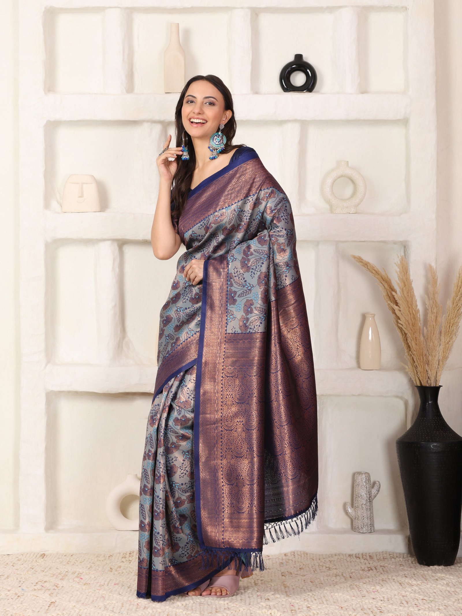 Banarsi Komal Sky Blue Silk Printed Saree - Image 2