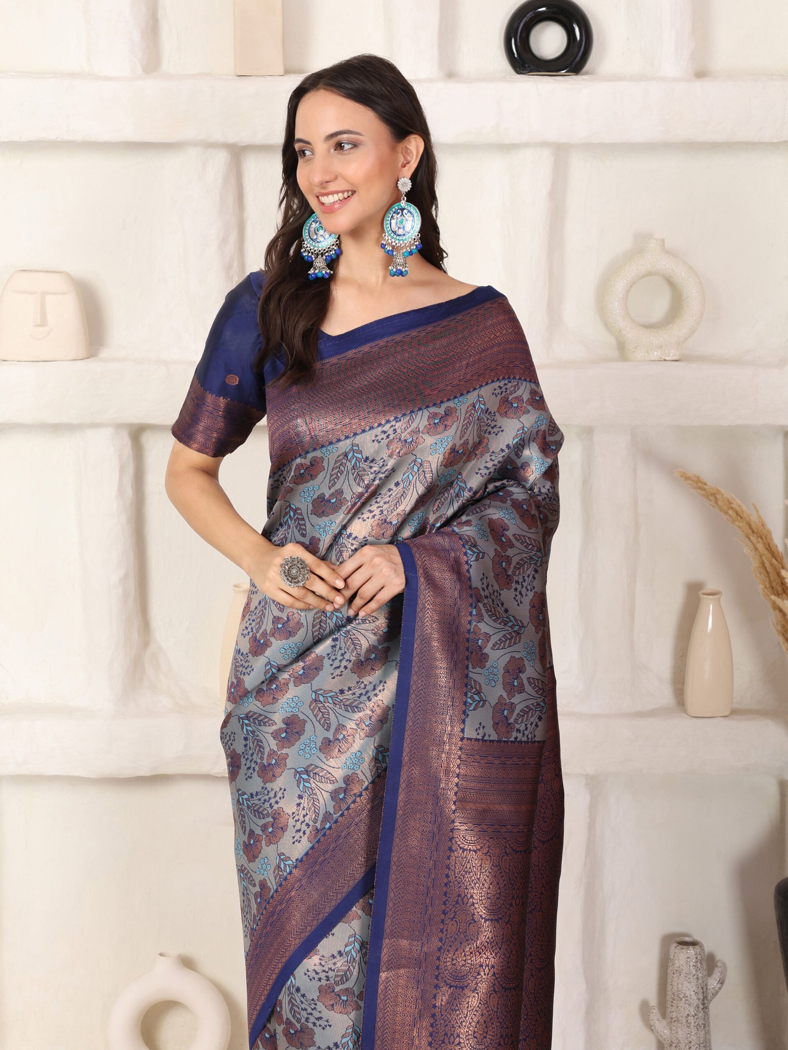 Banarsi Komal Sky Blue Silk Printed Saree - Image 3