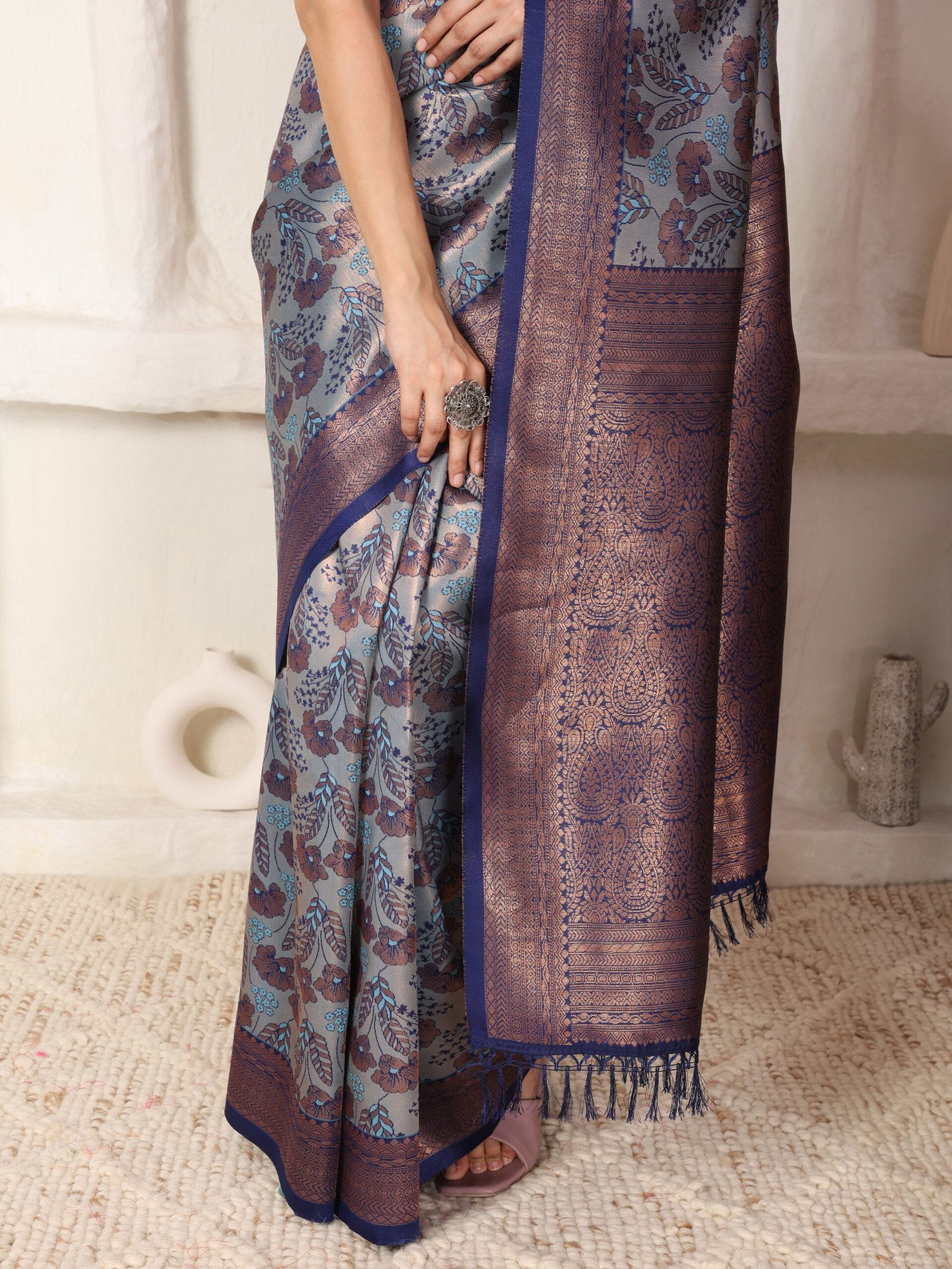 Banarsi Komal Sky Blue Silk Printed Saree - Image 5