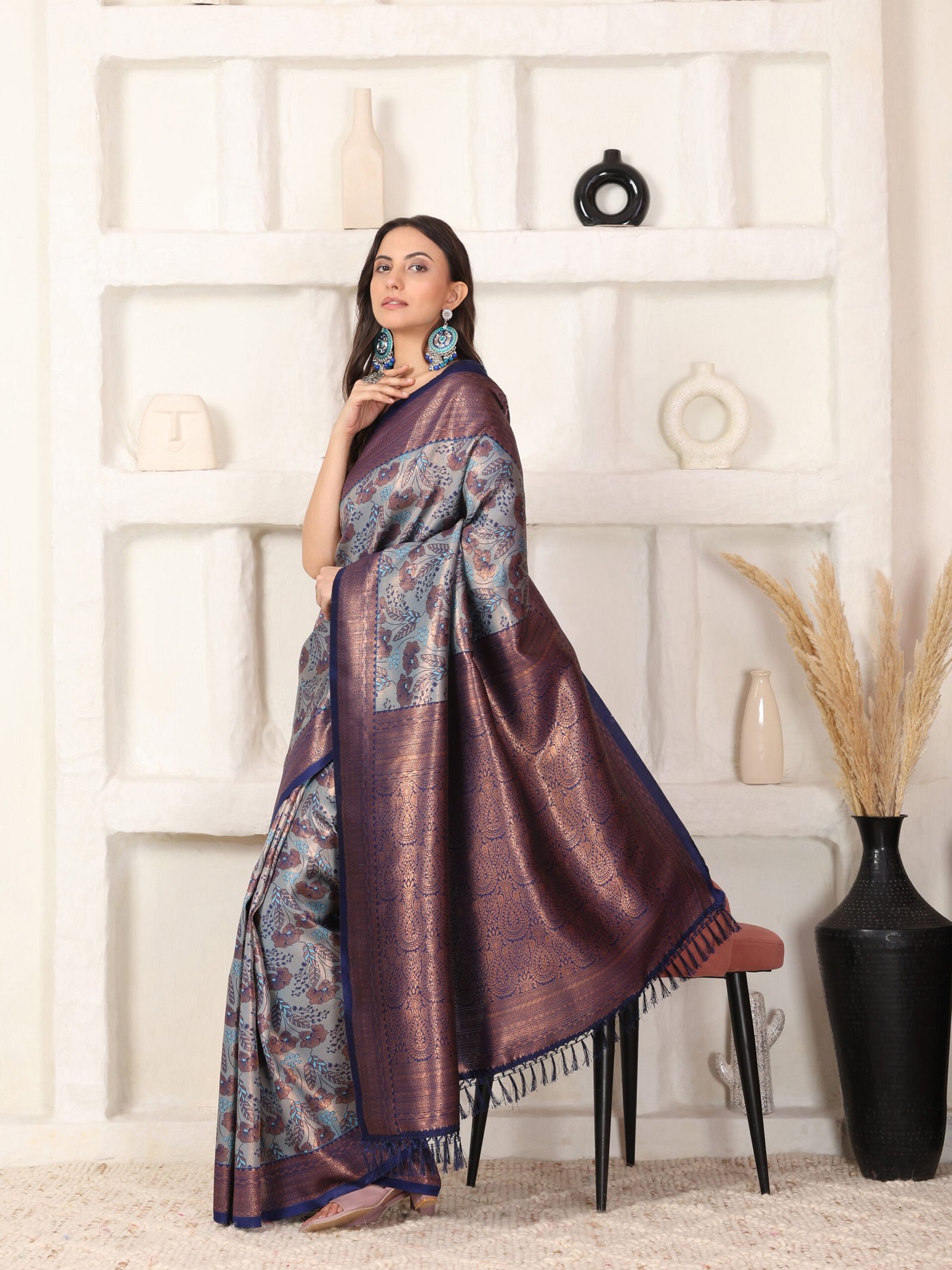 Banarsi Komal Sky Blue Silk Printed Saree - Image 6