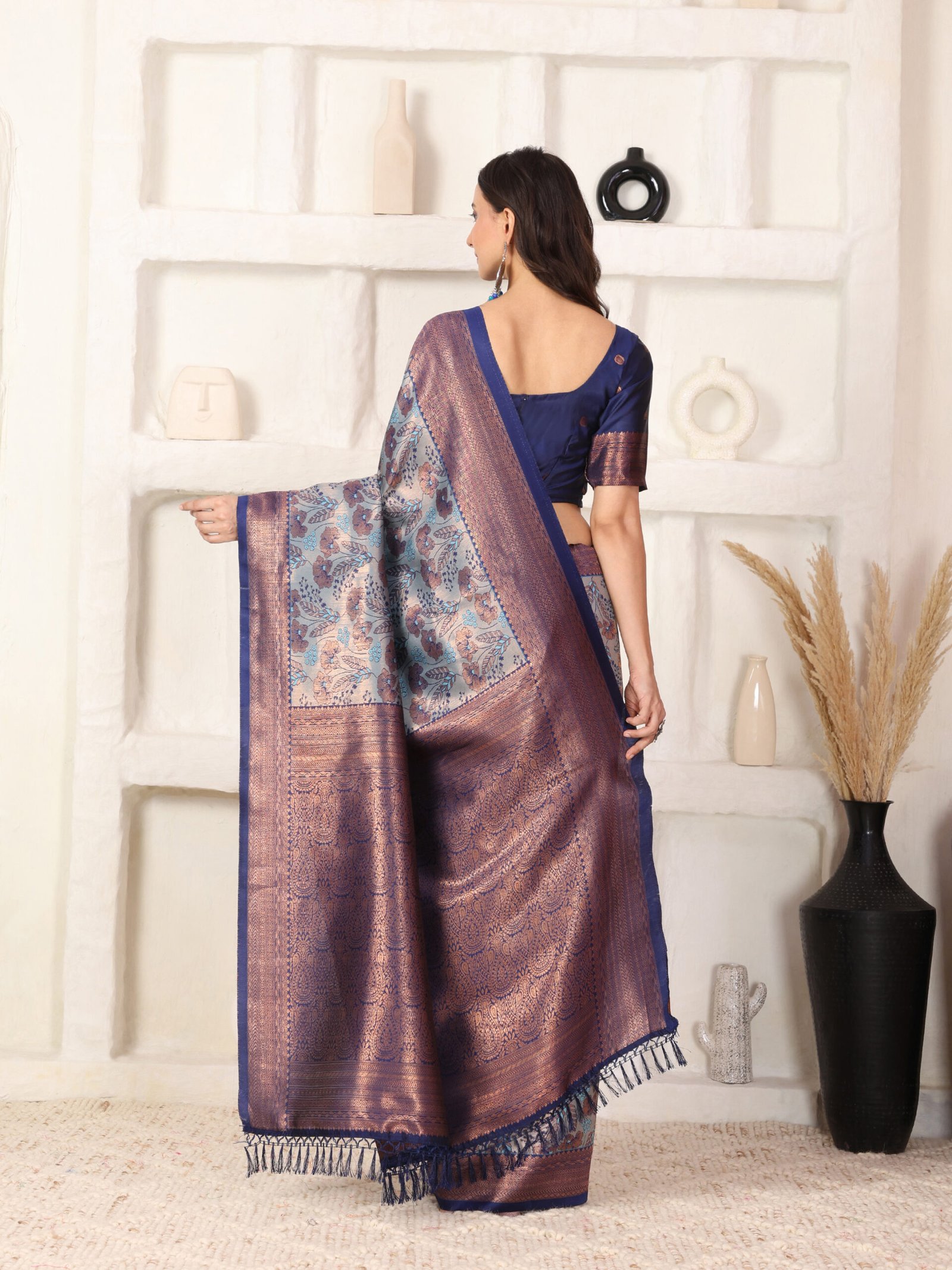 Banarsi Komal Sky Blue Silk Printed Saree - Image 7