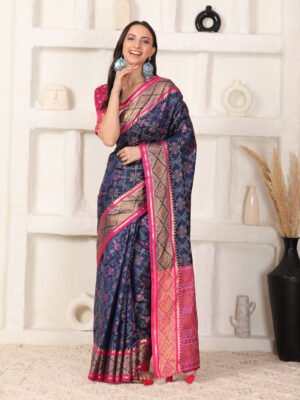 Banarasi Patola Hathi Blue Printed Silk Saree