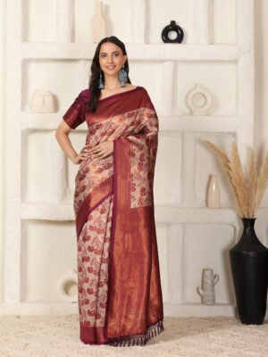Banarasi Komal Beige Maroon Printed Silk Saree