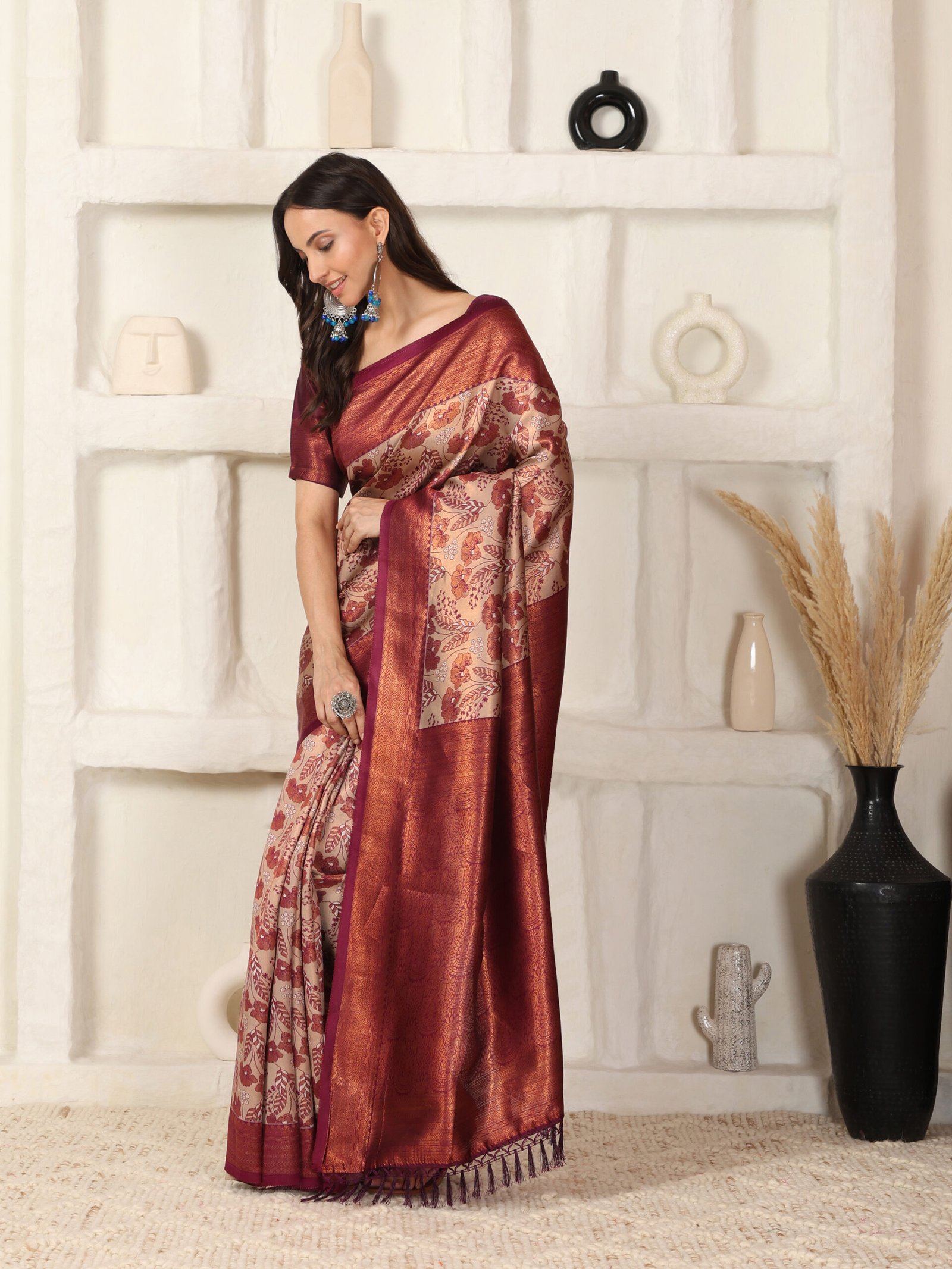 Banarasi Komal Beige Maroon Printed Silk Saree - Image 2