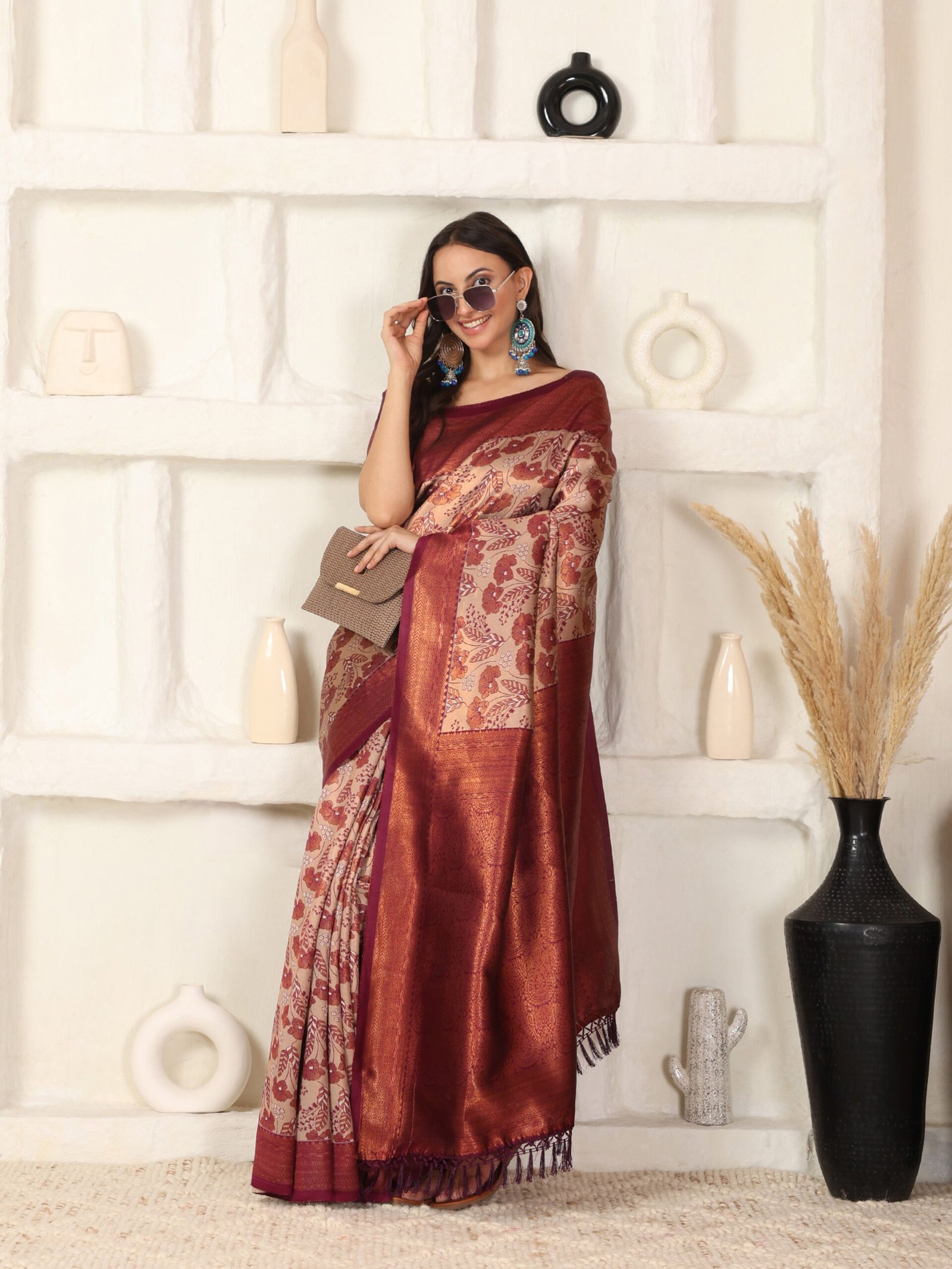 Banarasi Komal Beige Maroon Printed Silk Saree - Image 6