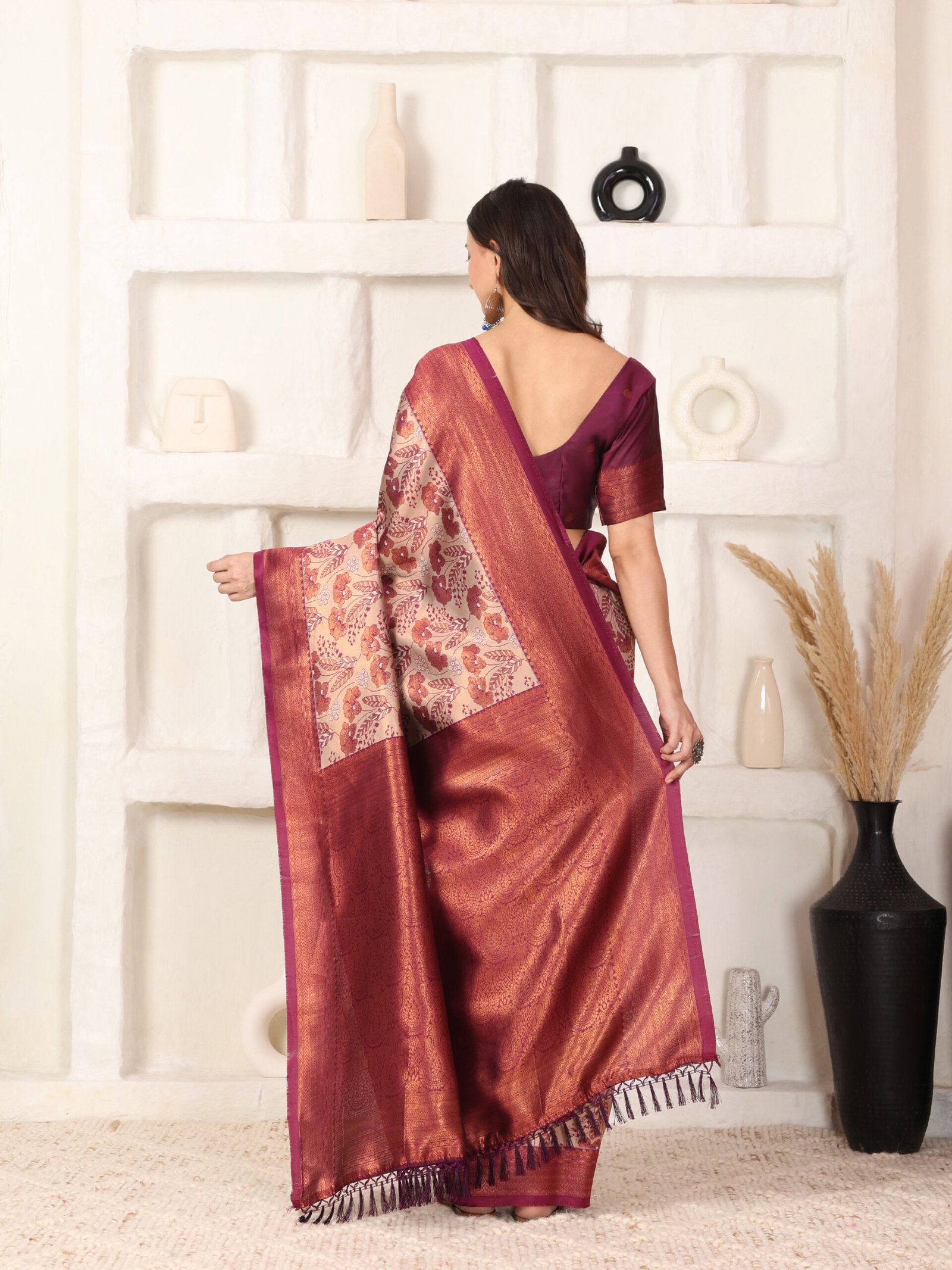 Banarasi Komal Beige Maroon Printed Silk Saree - Image 7