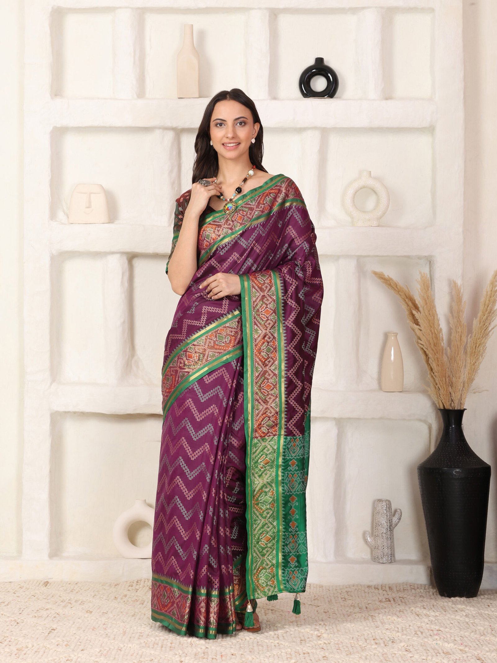 Banarasi Patola Zik zak Wine Printed Silk Saree