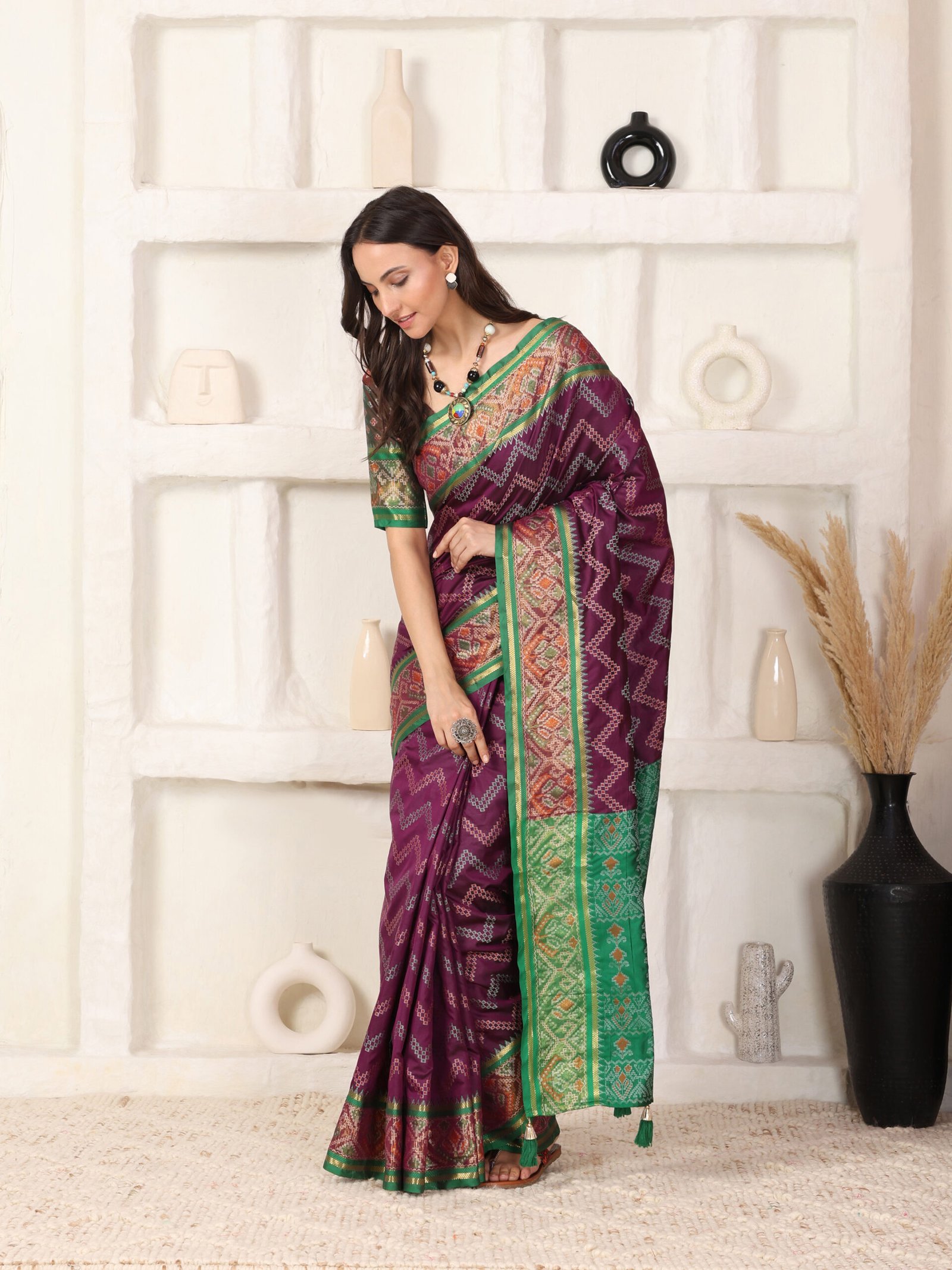 Banarasi Patola Zik zak Wine Printed Silk Saree - Image 2