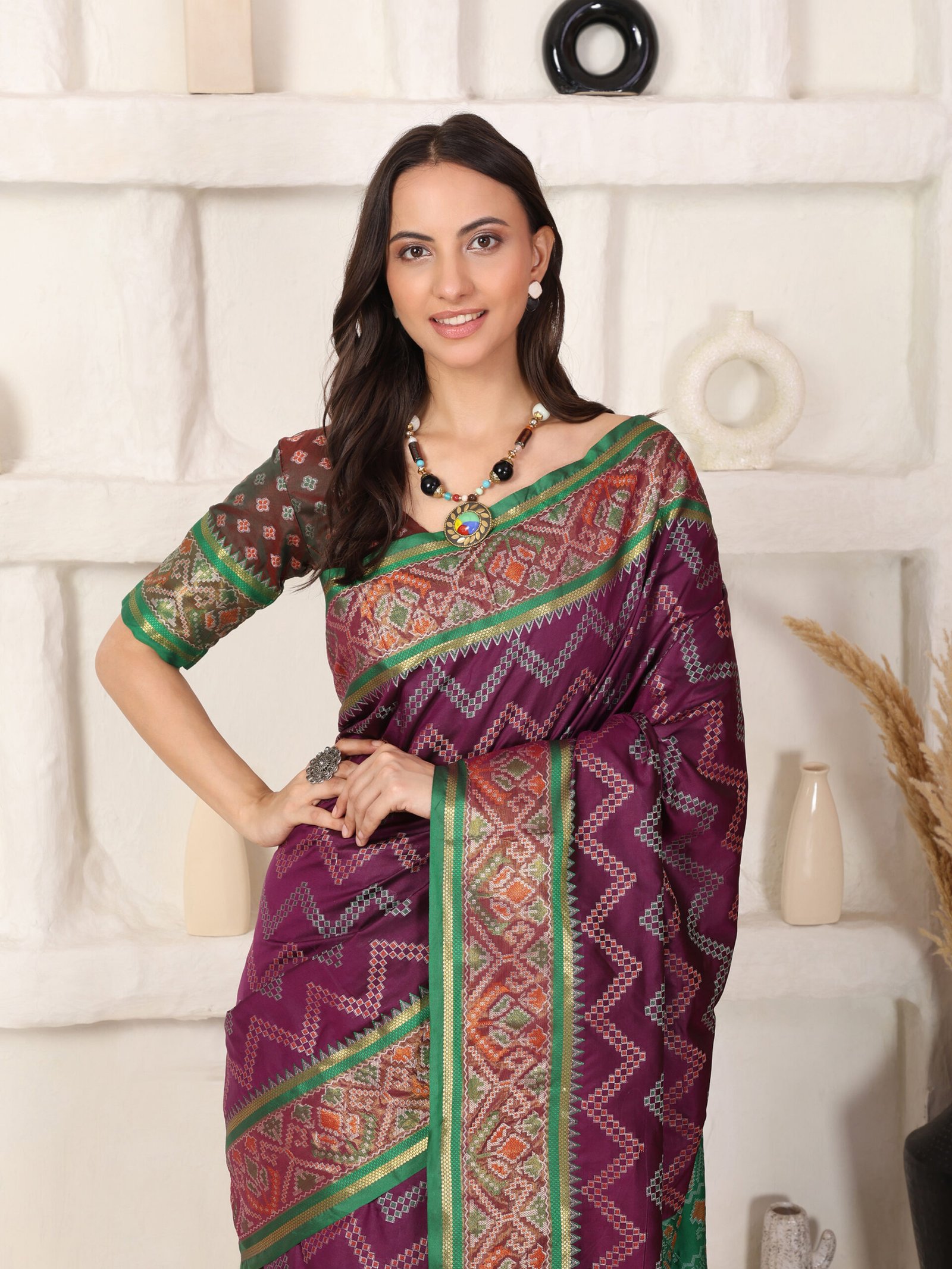 Banarasi Patola Zik zak Wine Printed Silk Saree - Image 5