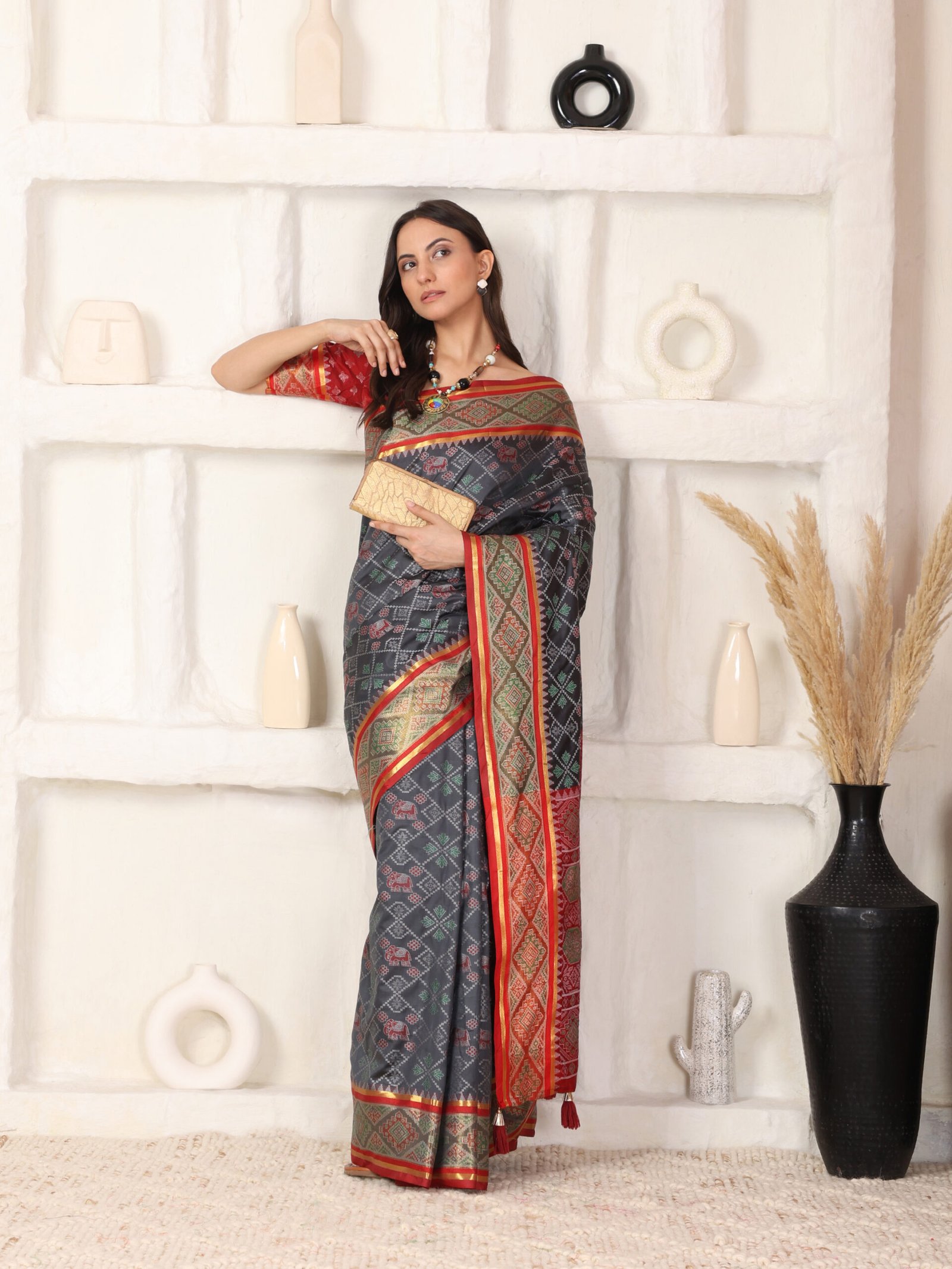 Banarasi Hathi Grey Printed Silk Saree - Image 6