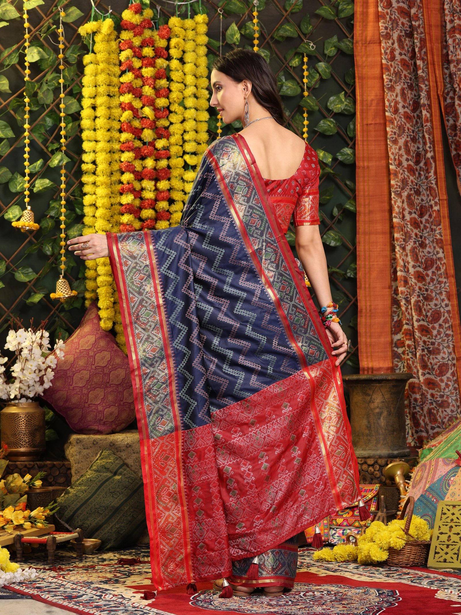 Banarasi Patola Zik Zak Printed Blue Silk Saree - Image 2