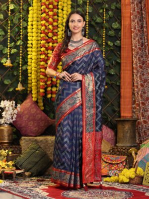 Banarasi Patola Zik Zak Printed Blue Silk Saree