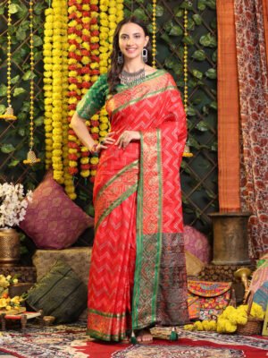 Banarasi Red Zik Zak Printed Silk Saree