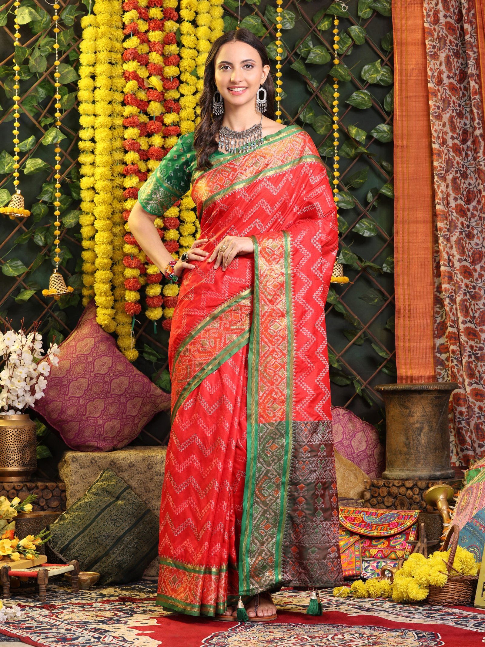 Banarasi Red Zik Zak Printed Silk Saree