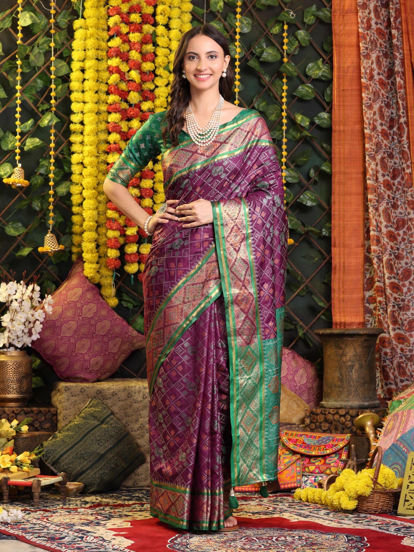 Banarasi Zik Zak Wine Printed Silk Saree - Image 3