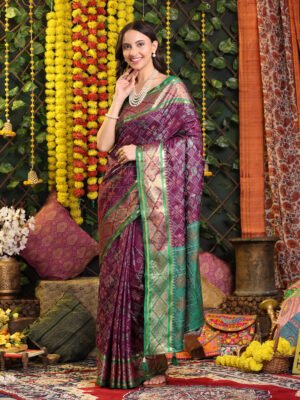 Banarasi Zik Zak Wine Printed Silk Saree