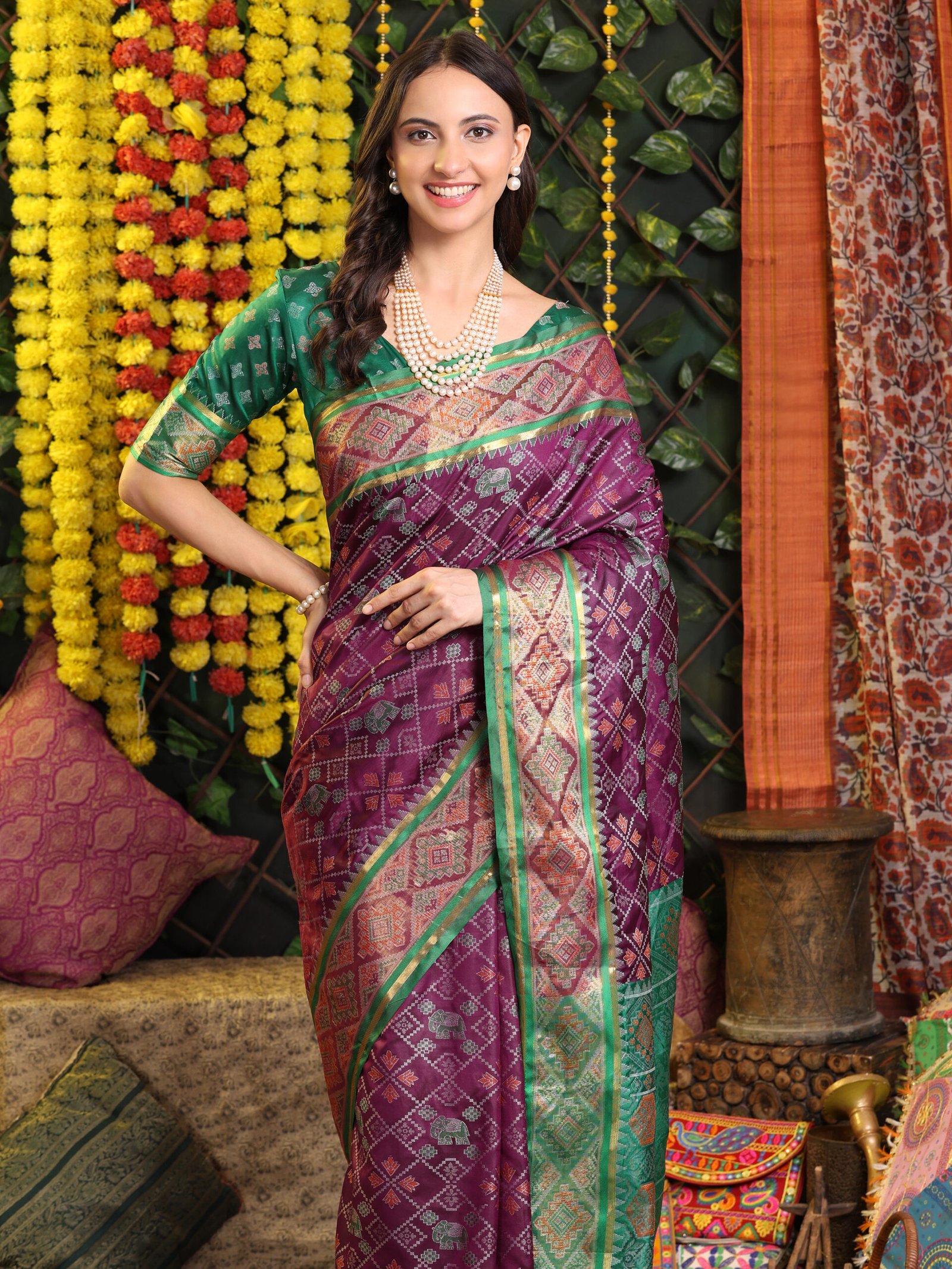Banarasi Zik Zak Wine Printed Silk Saree - Image 4