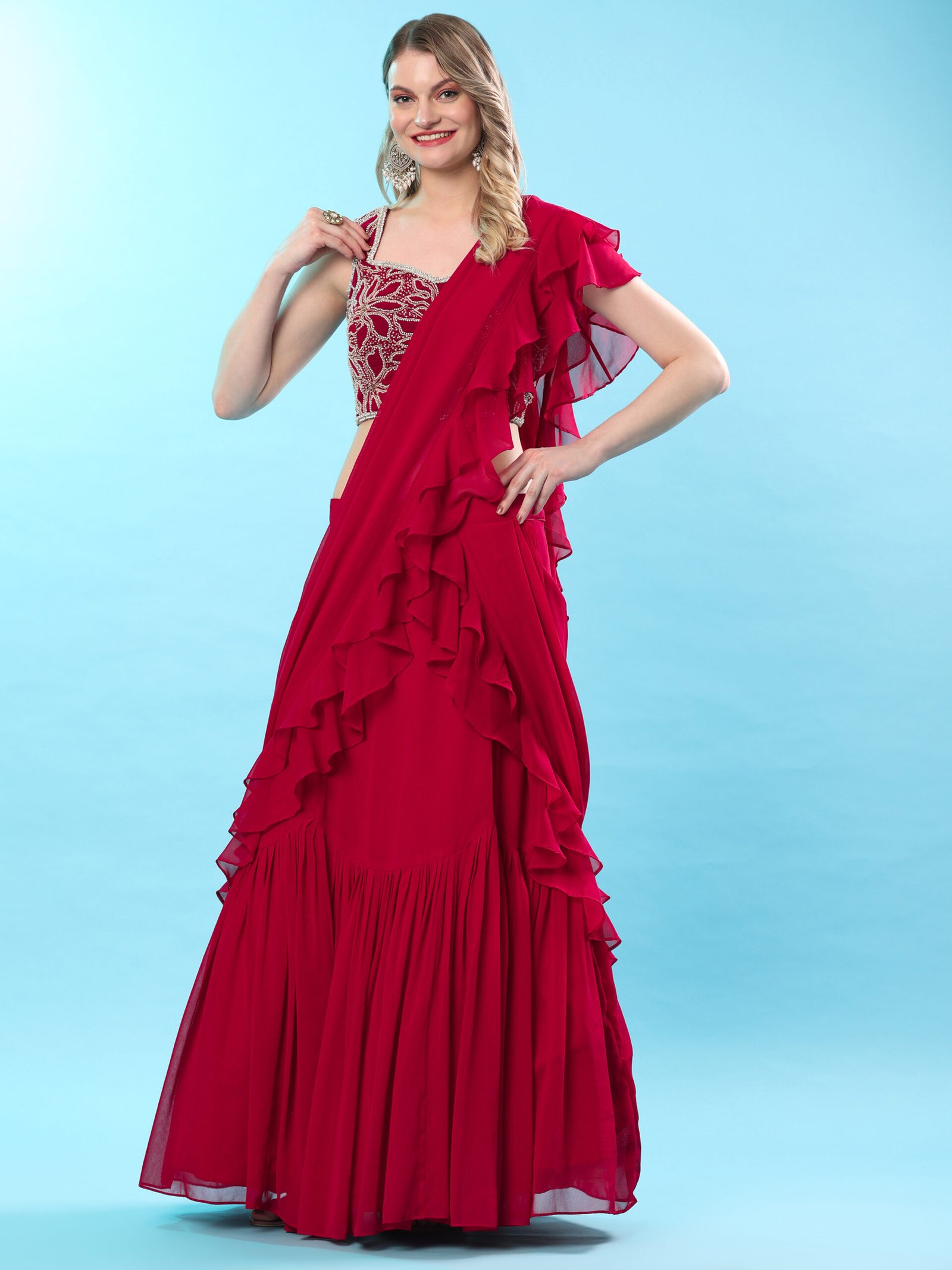 Scarlet Red Grace Ruffled Saree Gown - Image 2