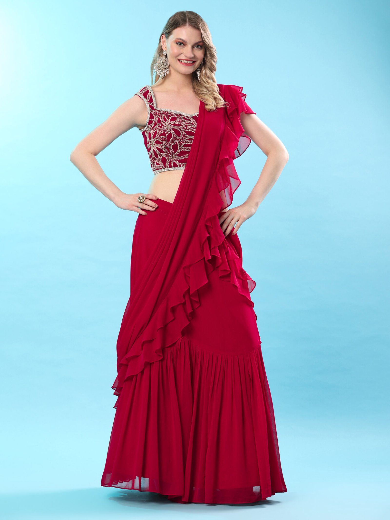 Scarlet Red Grace Ruffled Saree Gown
