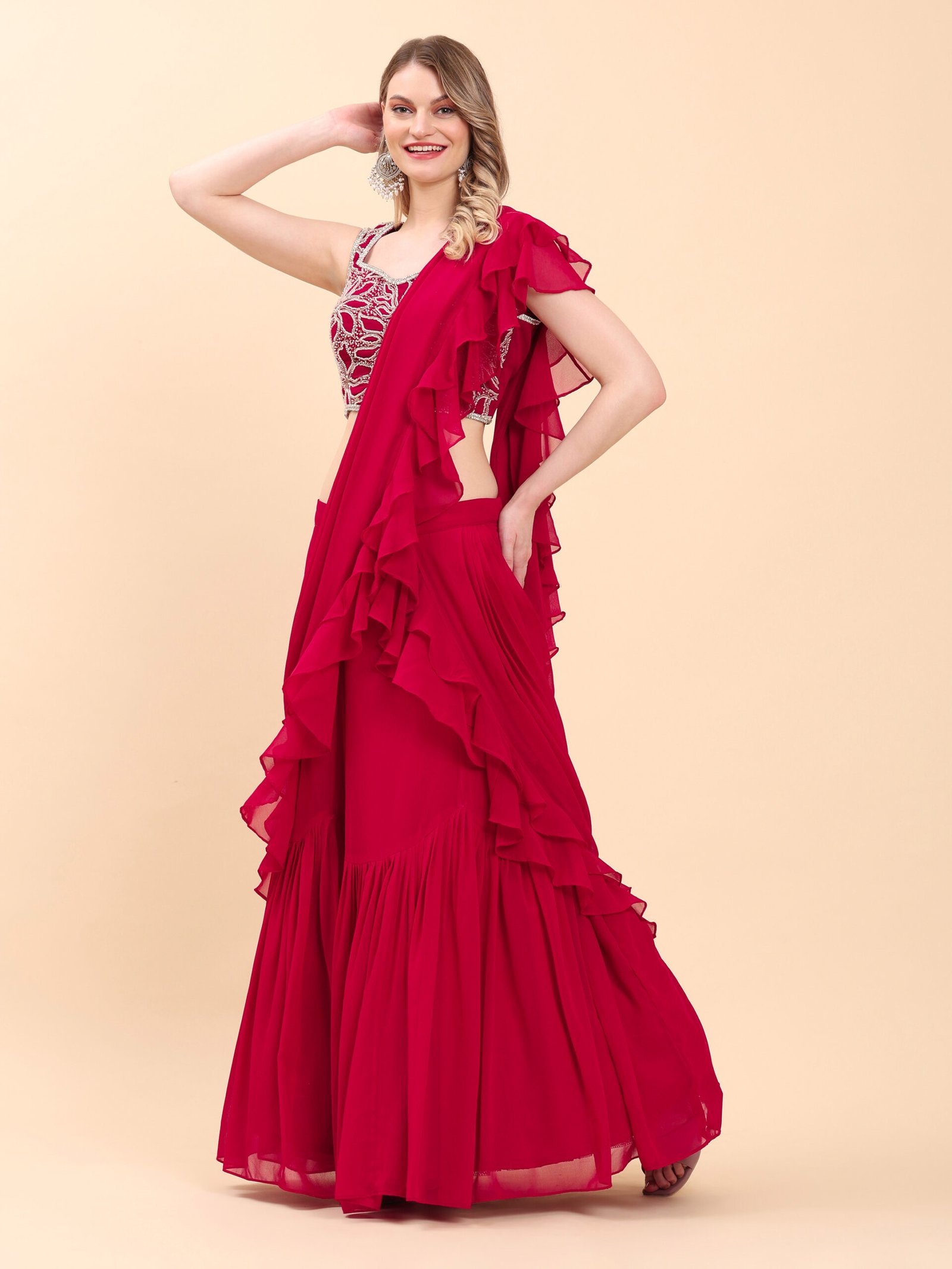 Scarlet Red Grace Ruffled Saree Gown - Image 4