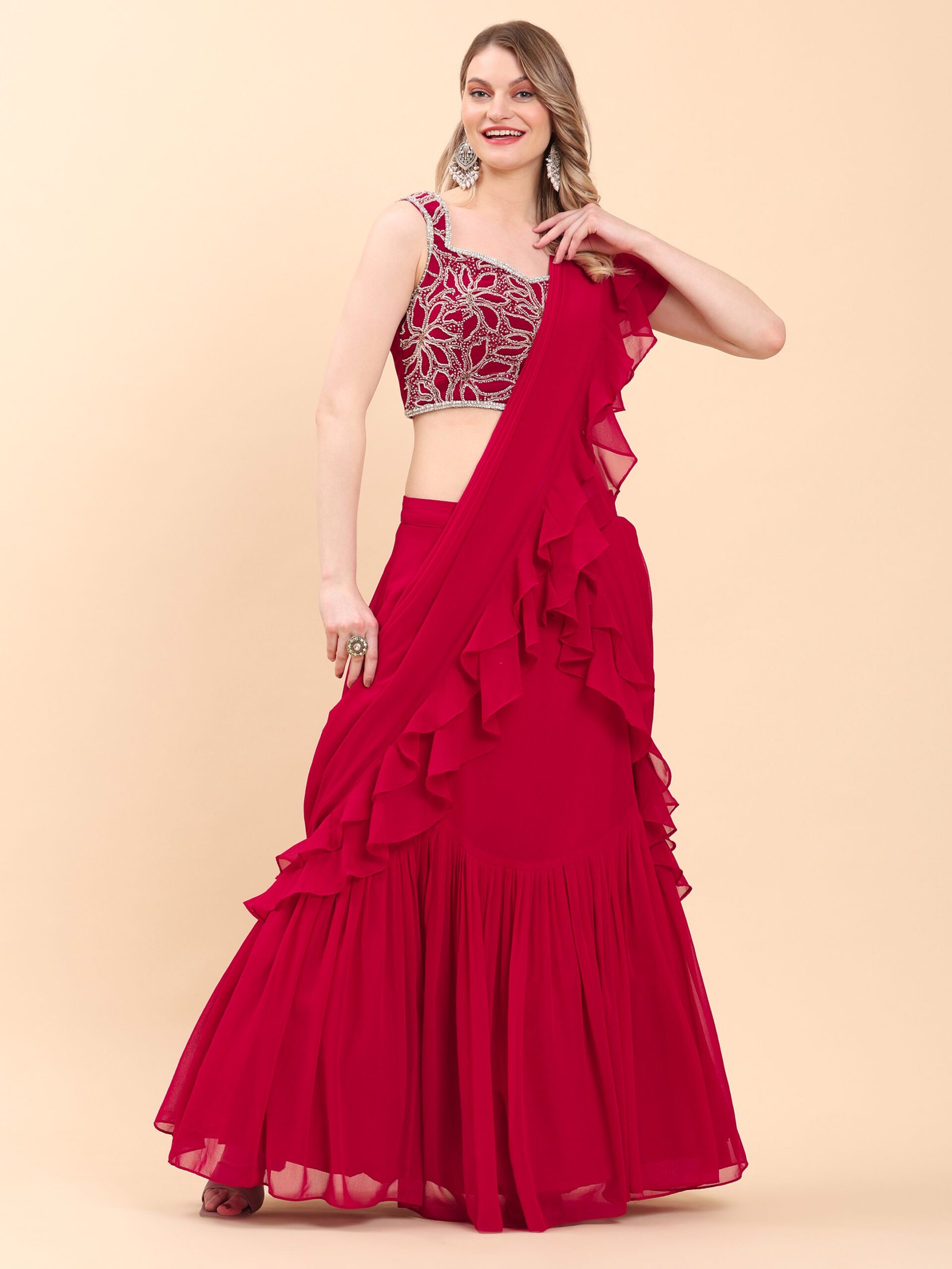 Scarlet Red Grace Ruffled Saree Gown - Image 3