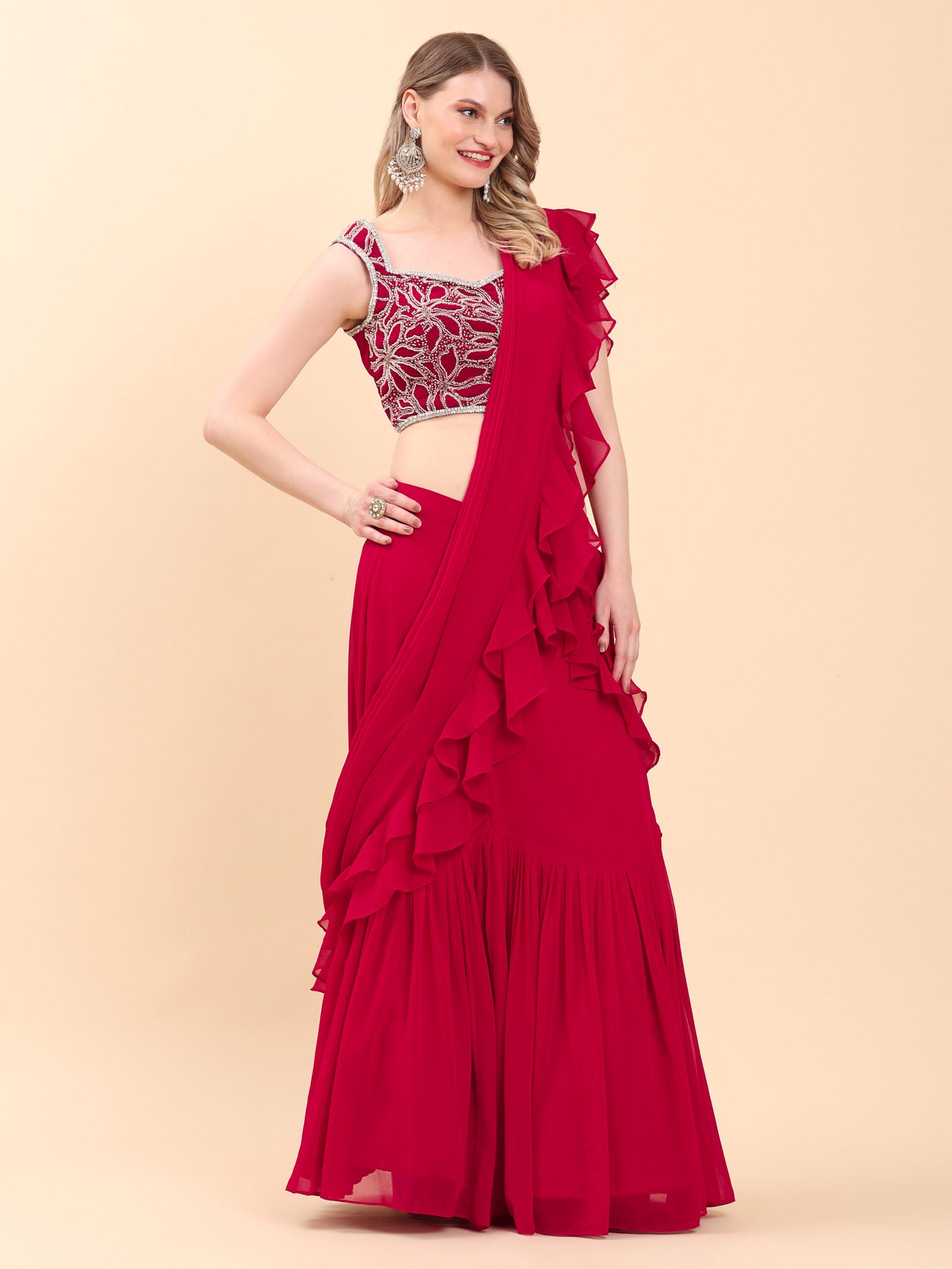 Scarlet Red Grace Ruffled Saree Gown - Image 6