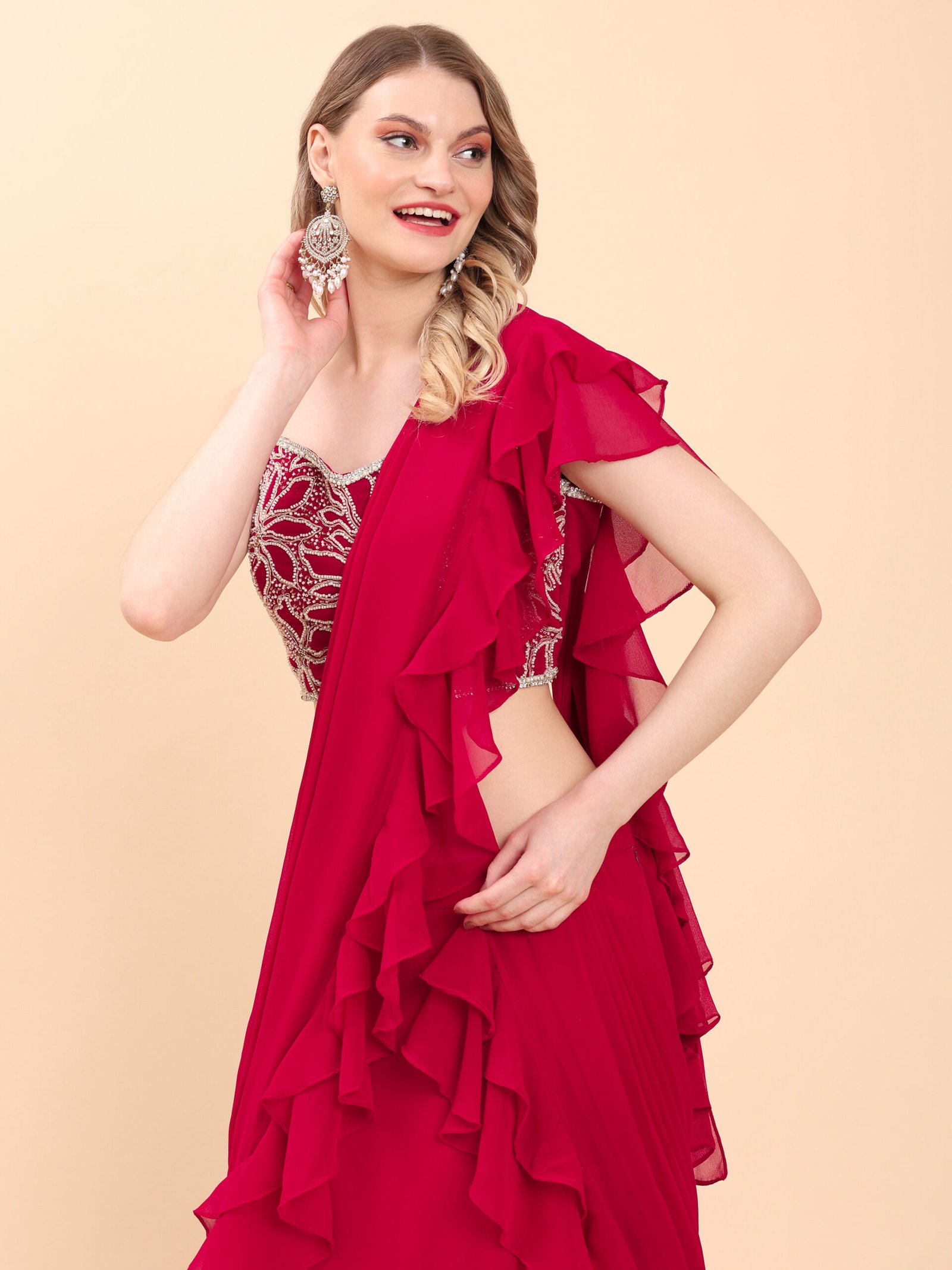 Scarlet Red Grace Ruffled Saree Gown - Image 5