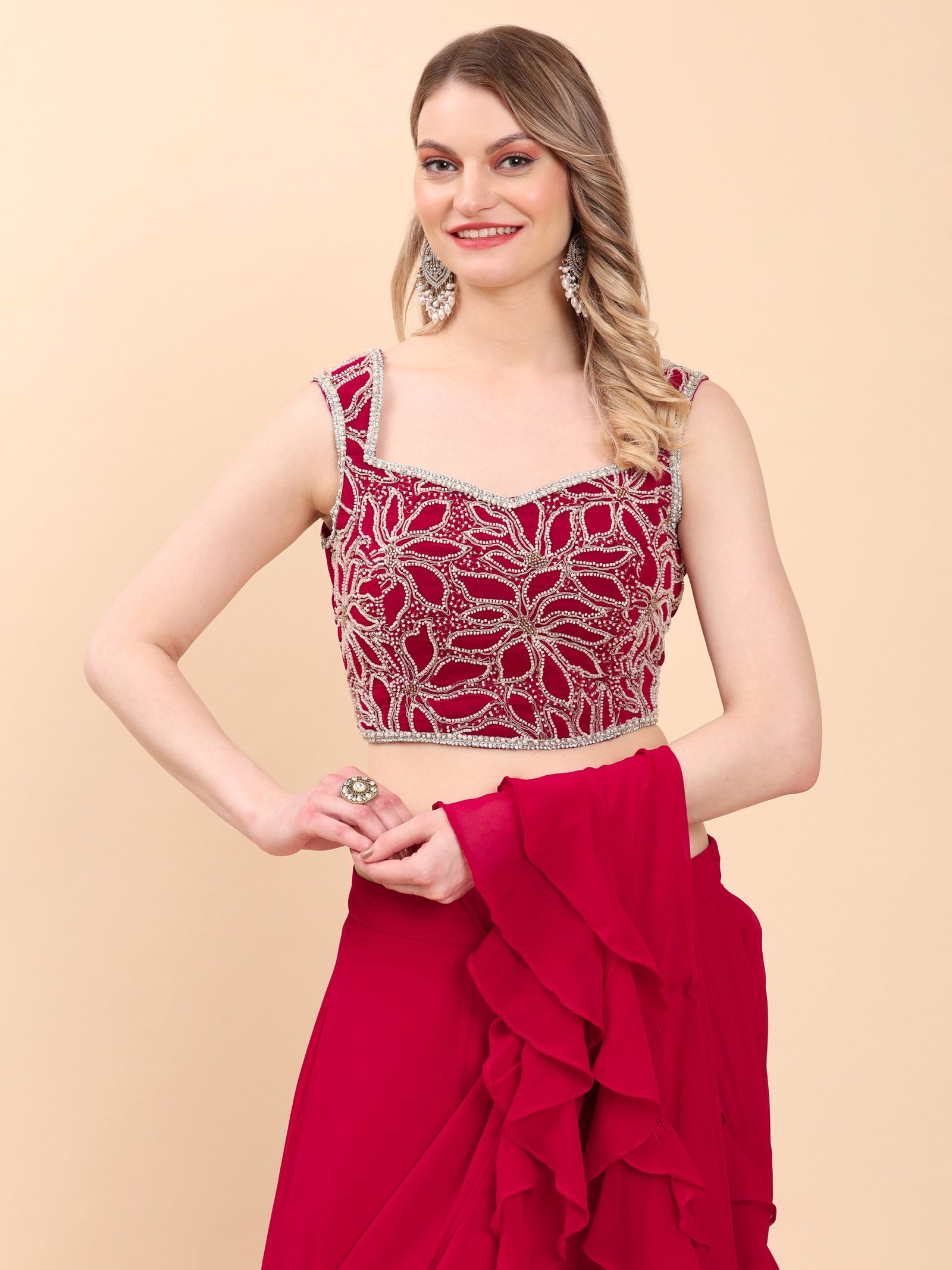 Scarlet Red Grace Ruffled Saree Gown - Image 7