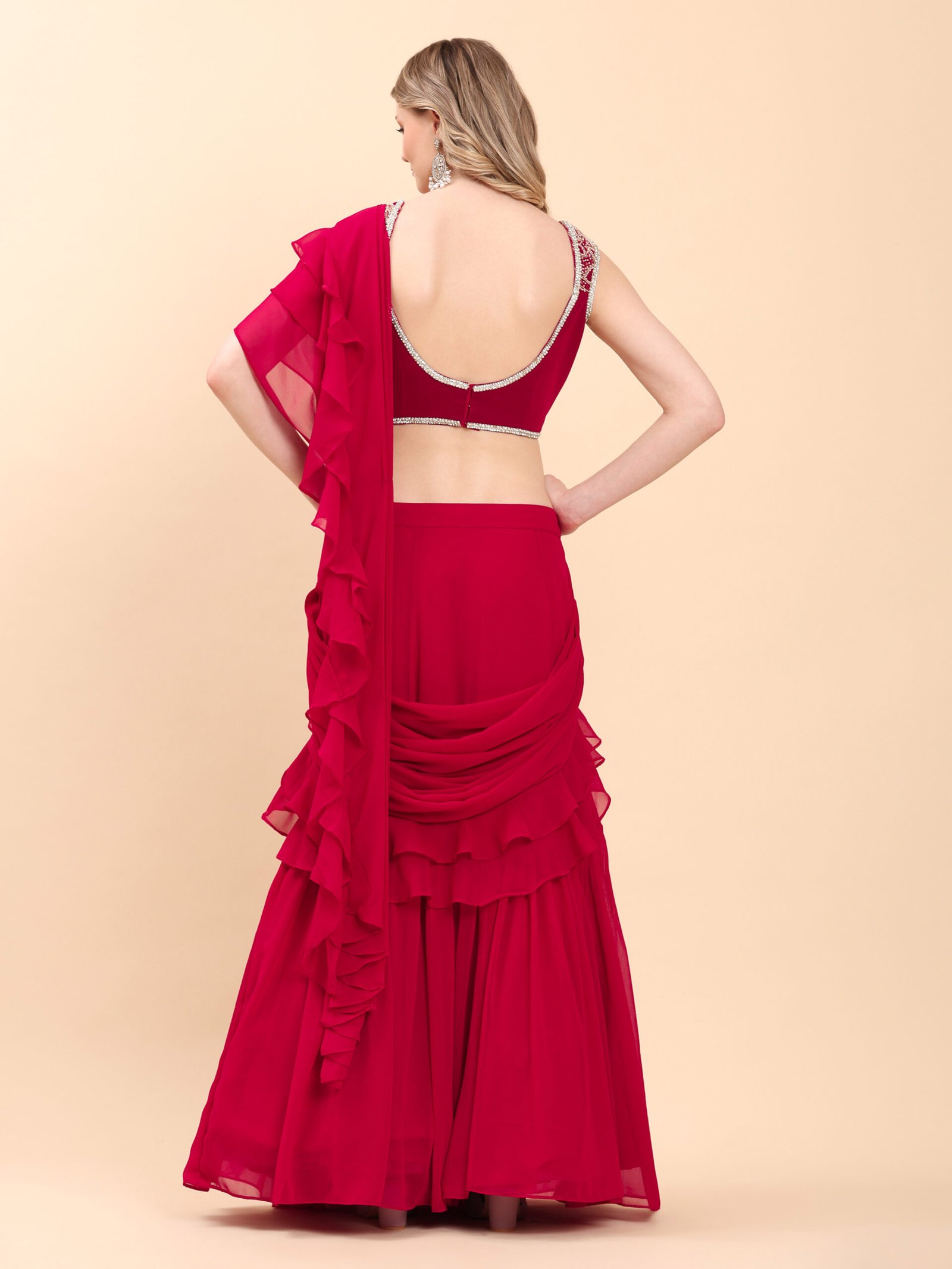 Scarlet Red Grace Ruffled Saree Gown - Image 8