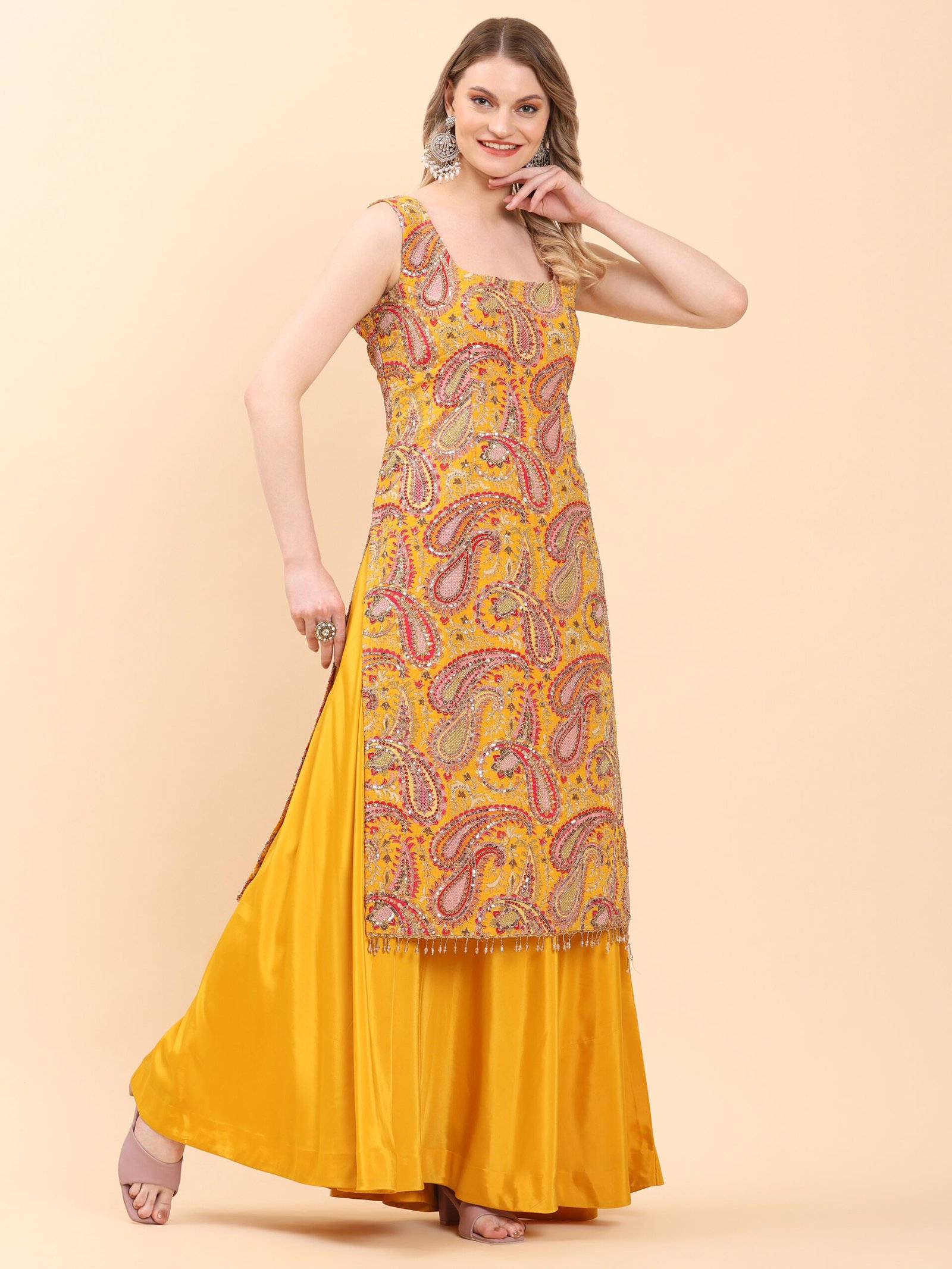 Sunshine Glam Hand-Embroidered Kurta Sharara Set - Image 5