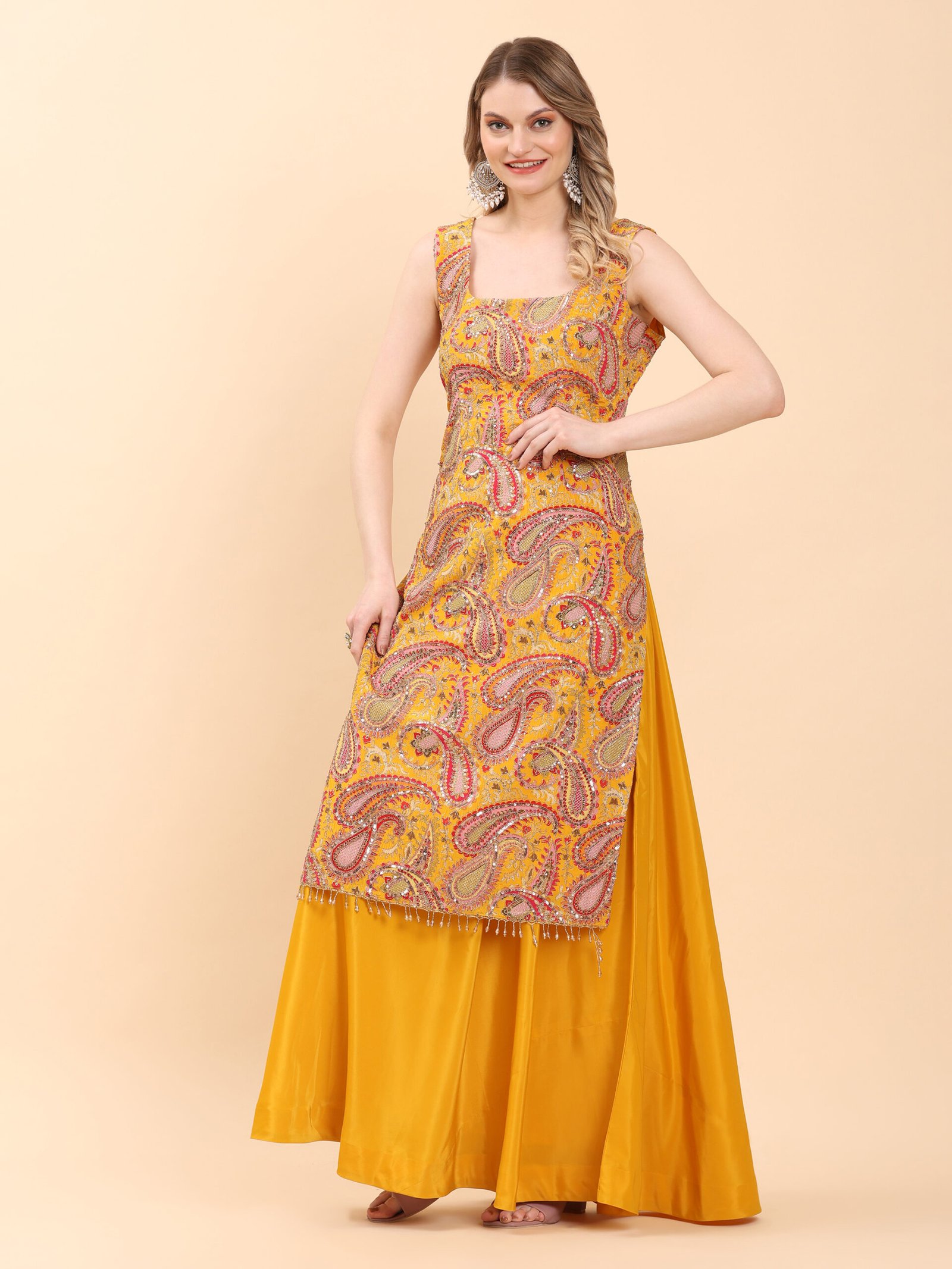 Sunshine Glam Hand-Embroidered Kurta Sharara Set - Image 4