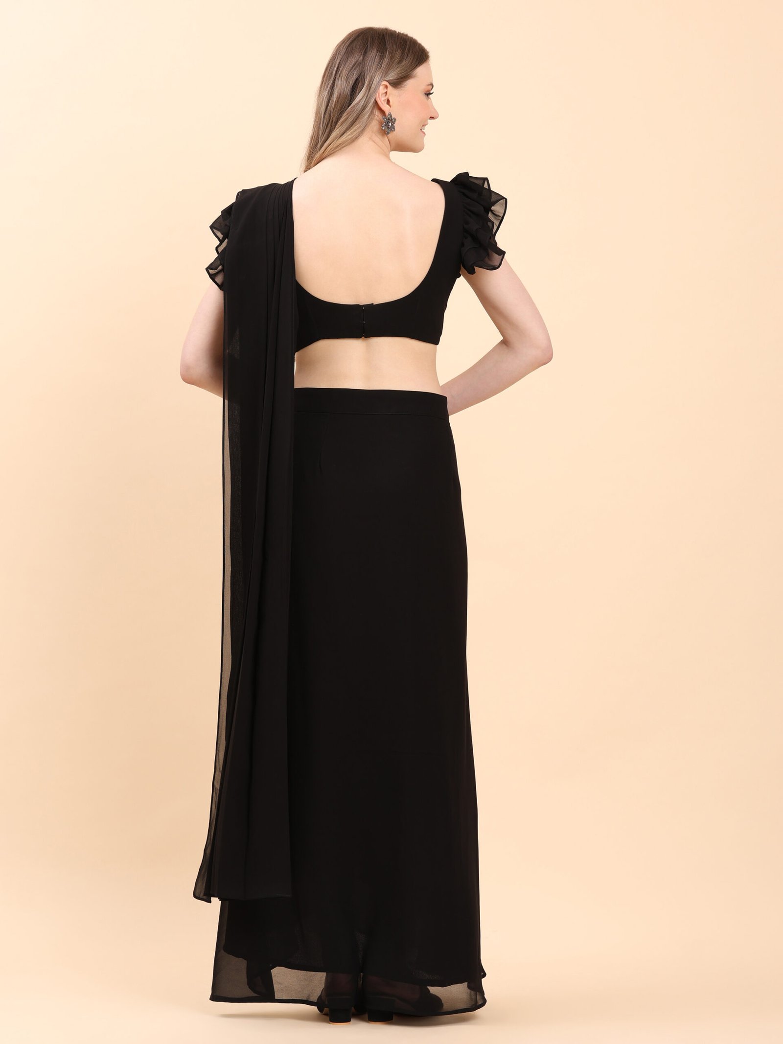 Midnight Glam Embroidered Ruffle Saree Set - Image 8