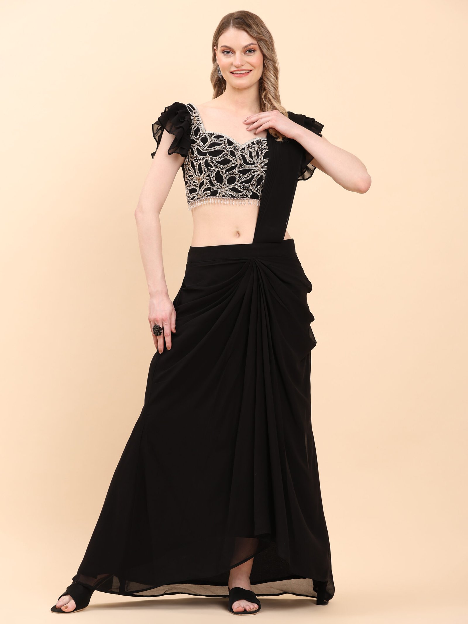 Midnight Glam Embroidered Ruffle Saree Set - Image 6