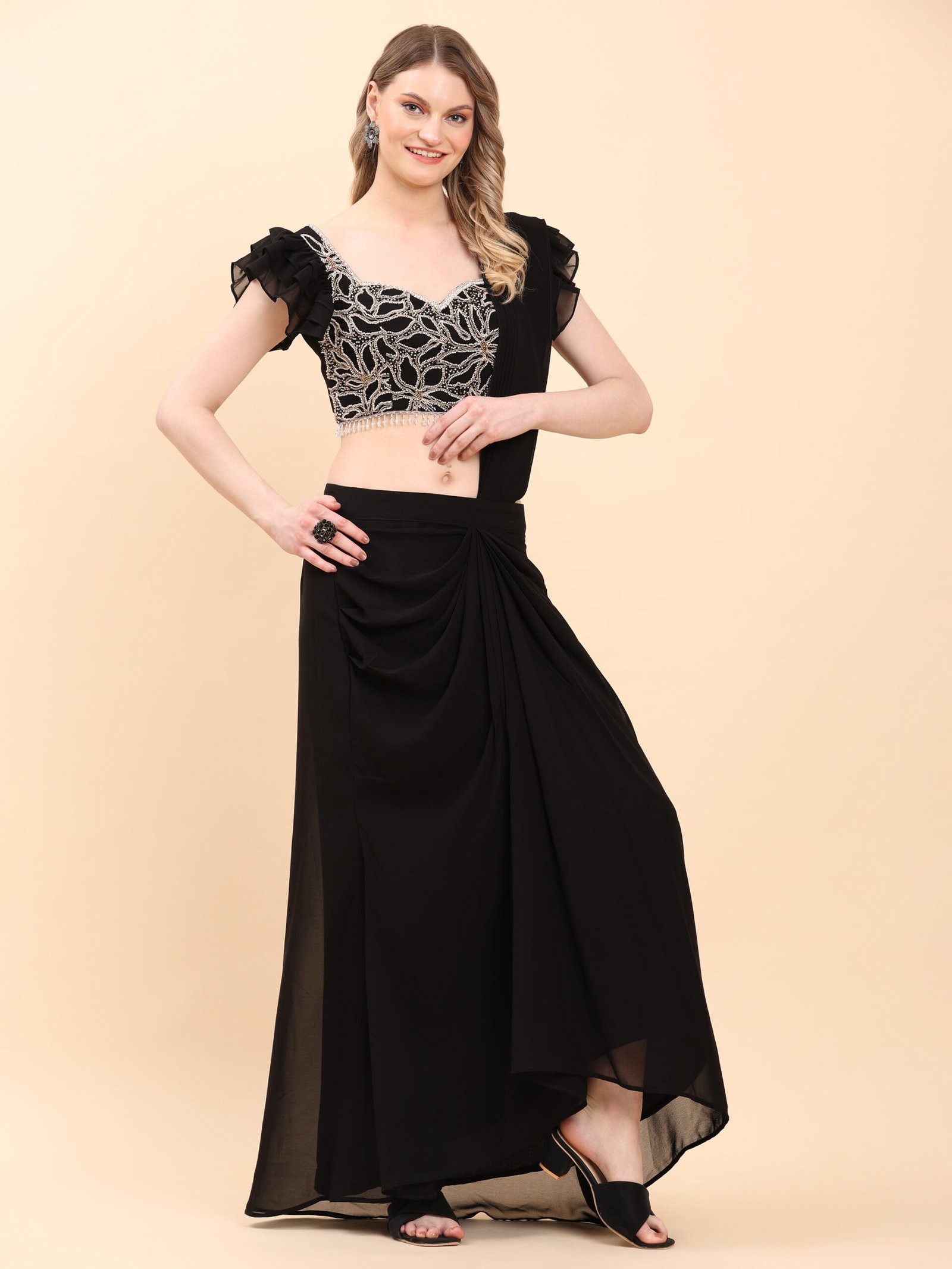 Midnight Glam Embroidered Ruffle Saree Set - Image 5