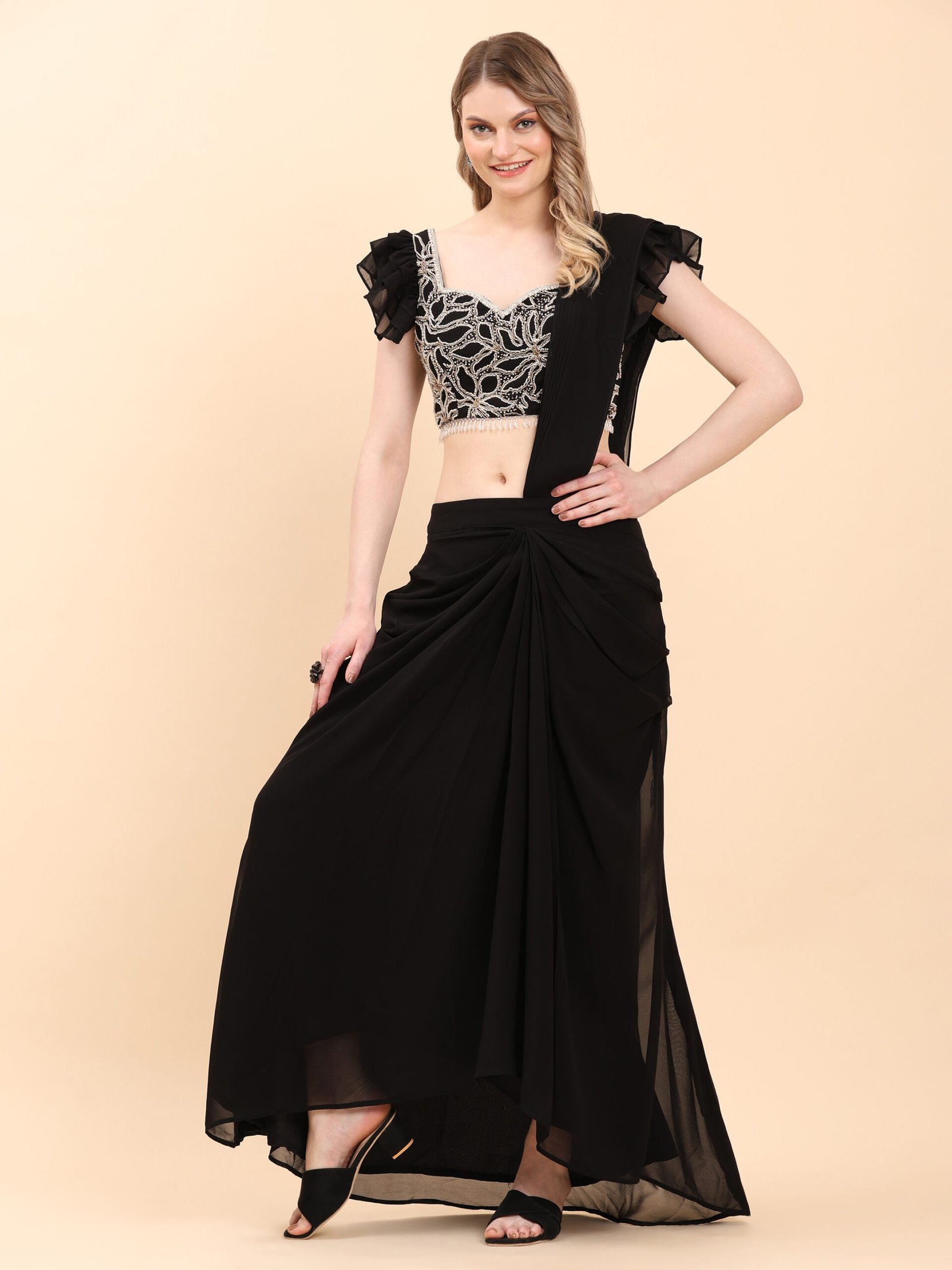 Midnight Glam Embroidered Ruffle Saree Set - Image 4