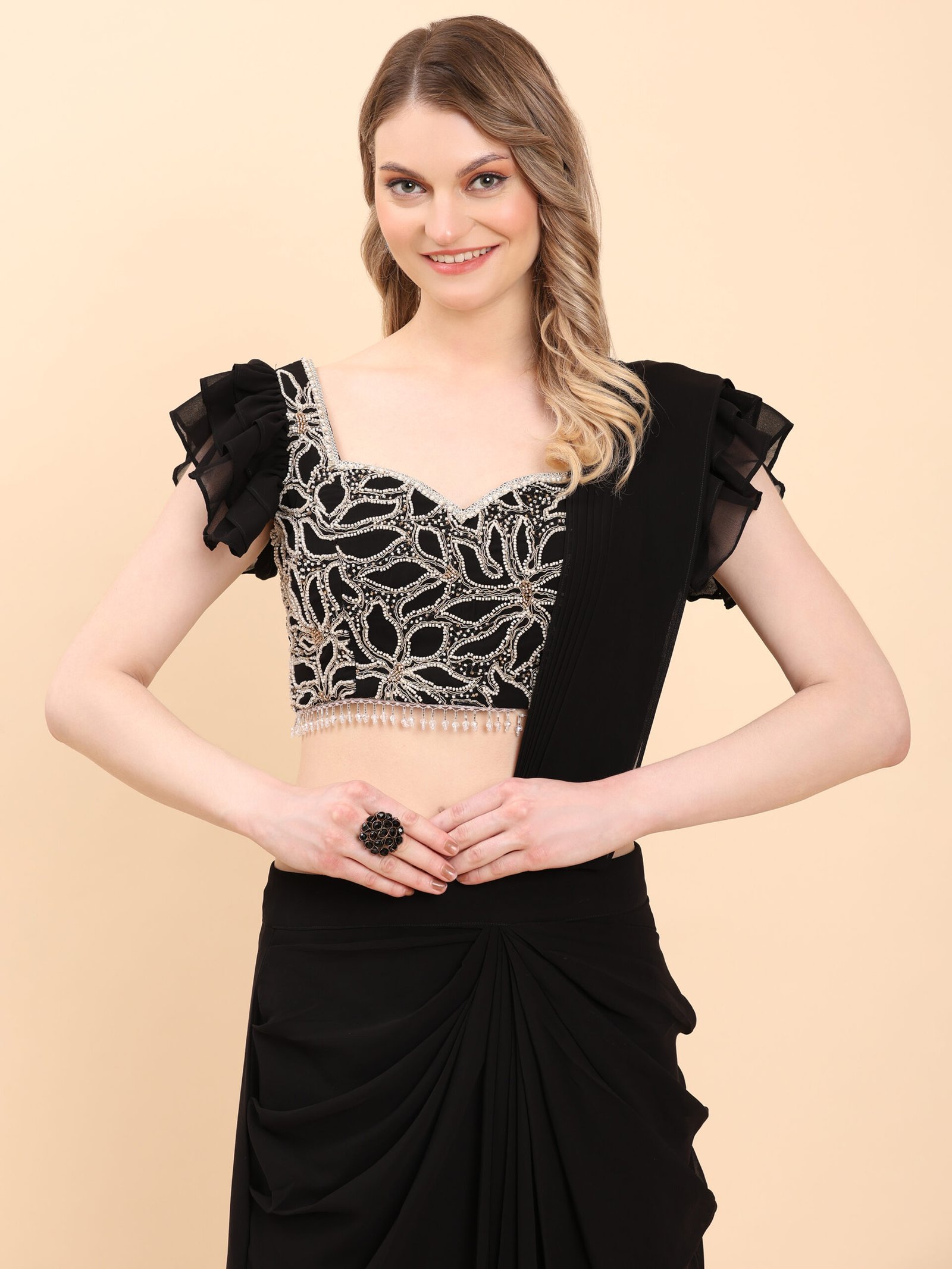 Midnight Glam Embroidered Ruffle Saree Set - Image 3