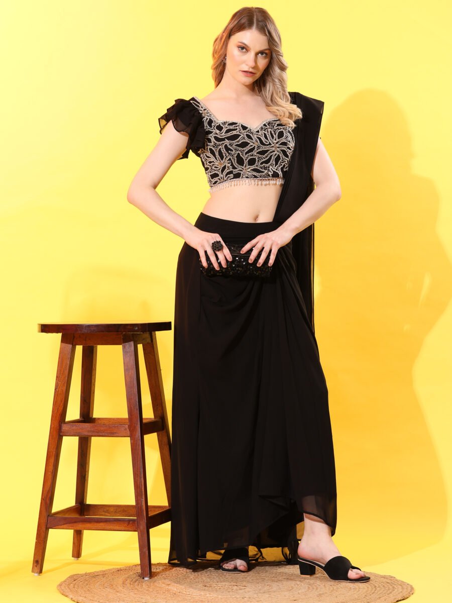 Midnight Glam Embroidered Ruffle Saree Set