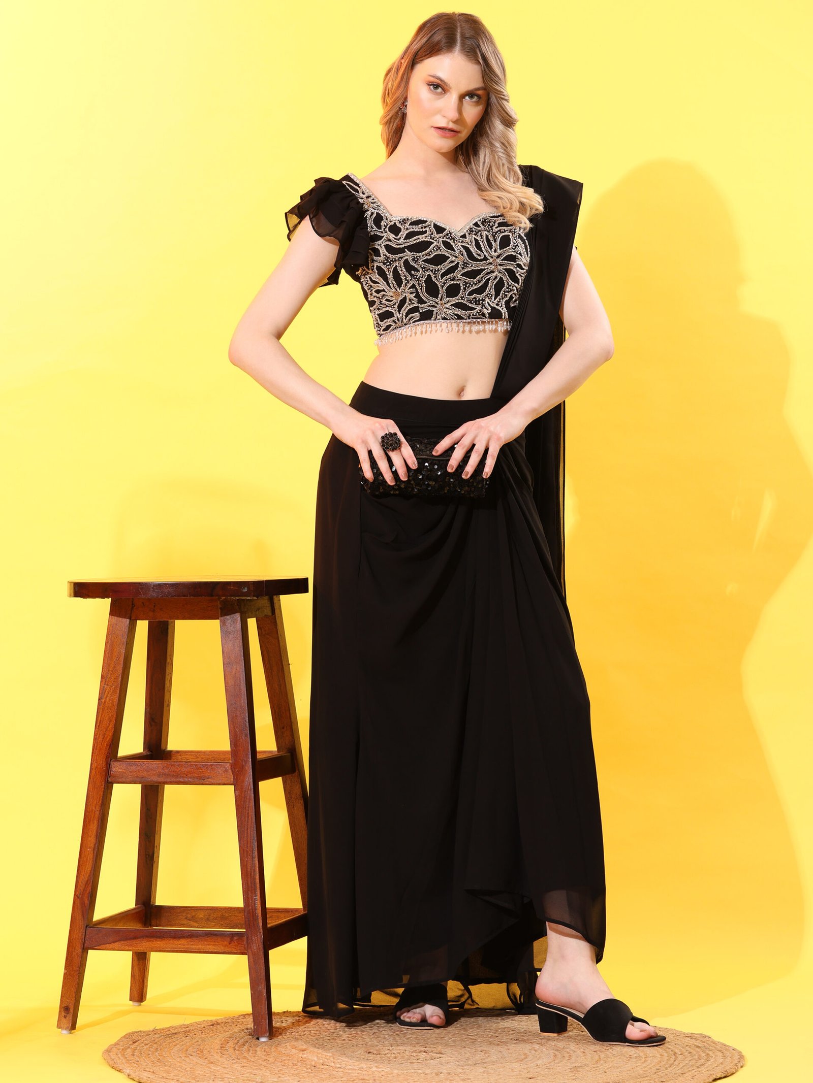 Midnight Glam Embroidered Ruffle Saree Set