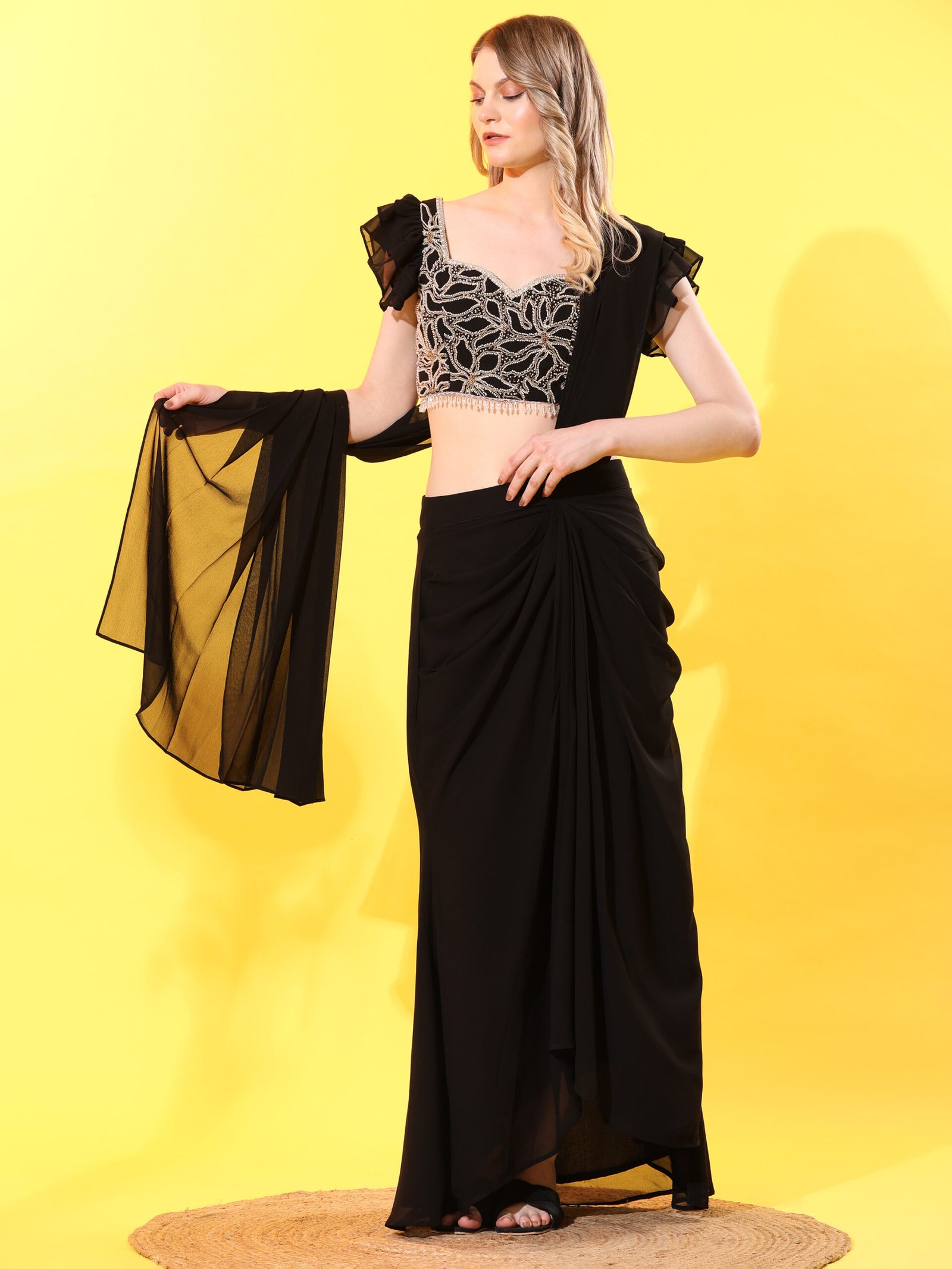 Midnight Glam Embroidered Ruffle Saree Set - Image 2