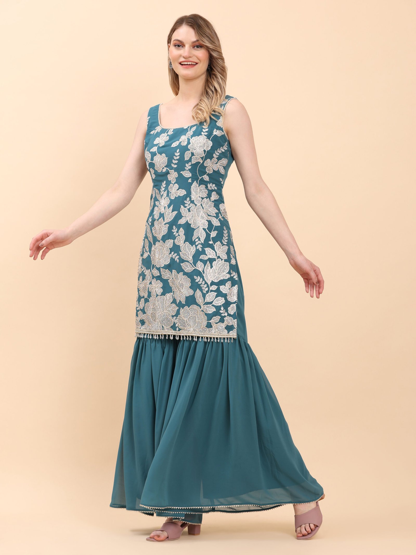Teal Bloom Embroidered Sharara Set - Image 5
