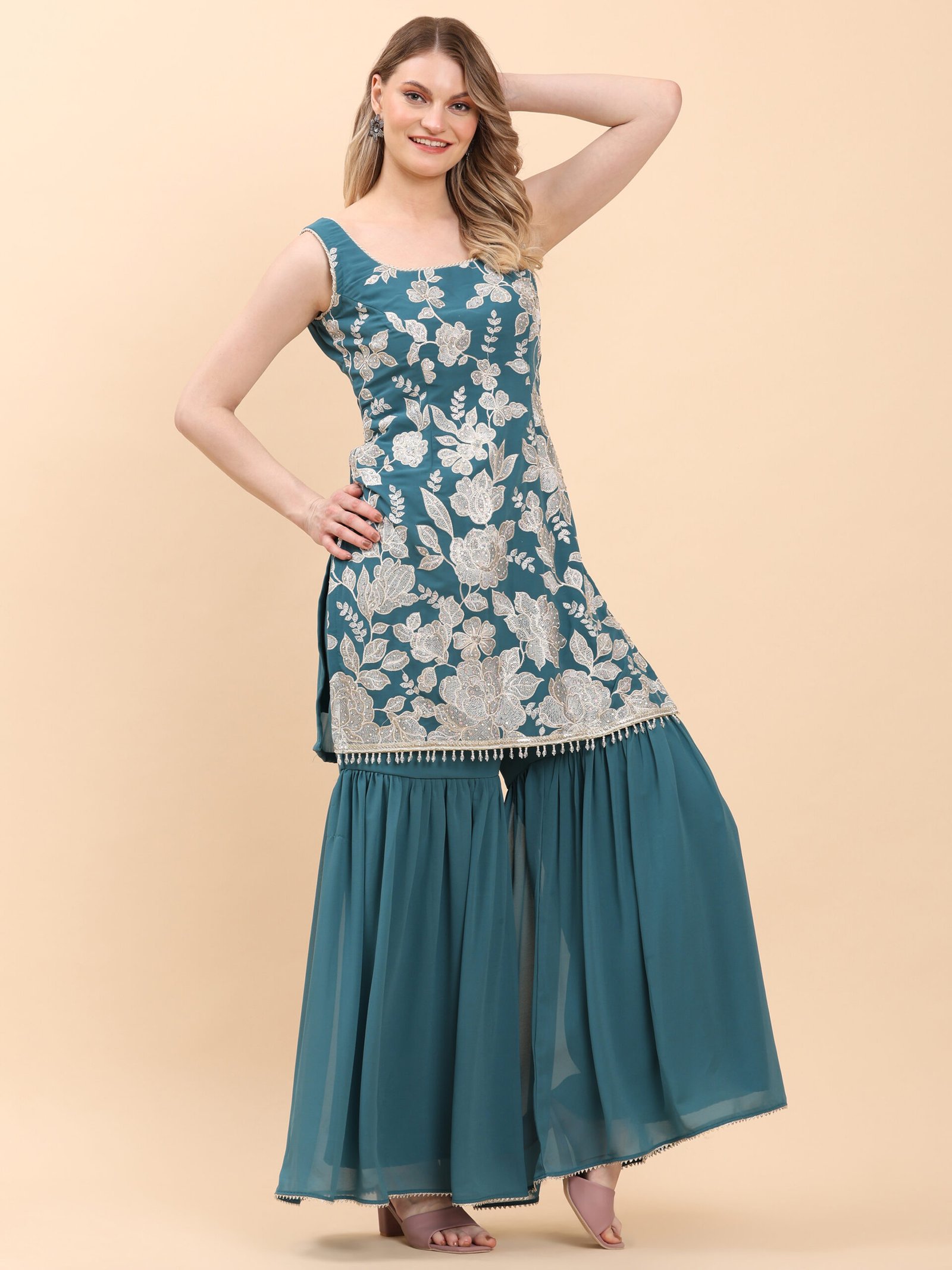 Teal Bloom Embroidered Sharara Set - Image 4