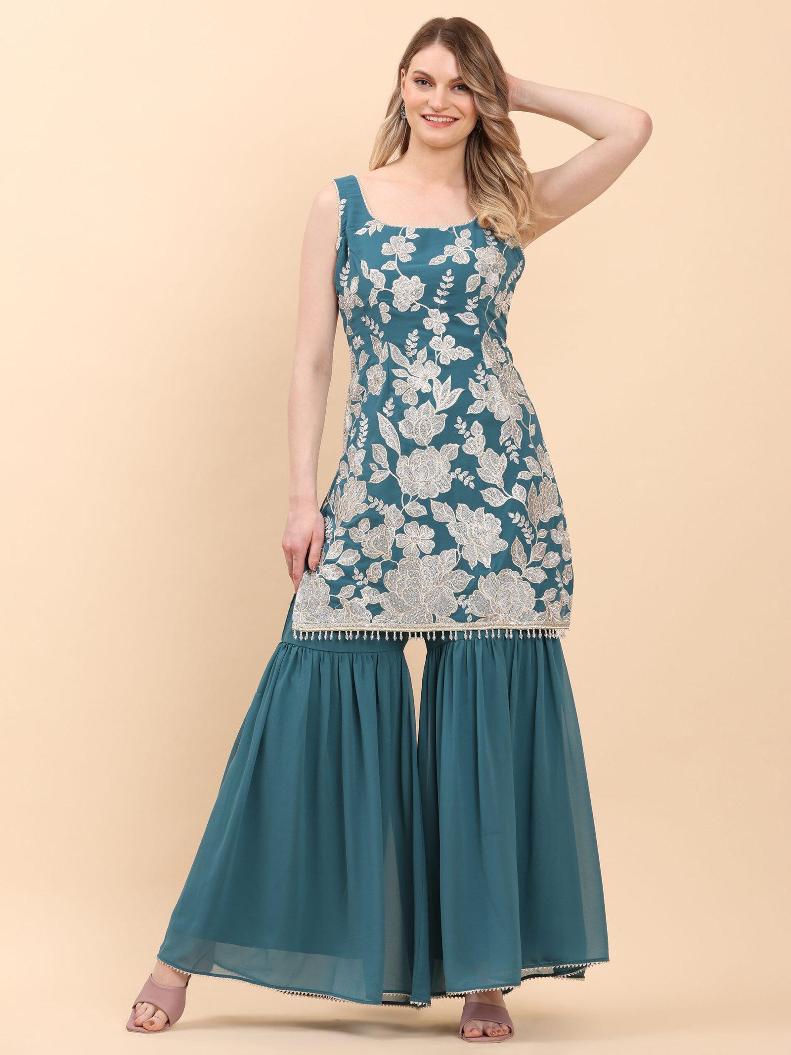 Teal Bloom Embroidered Sharara Set - Image 3