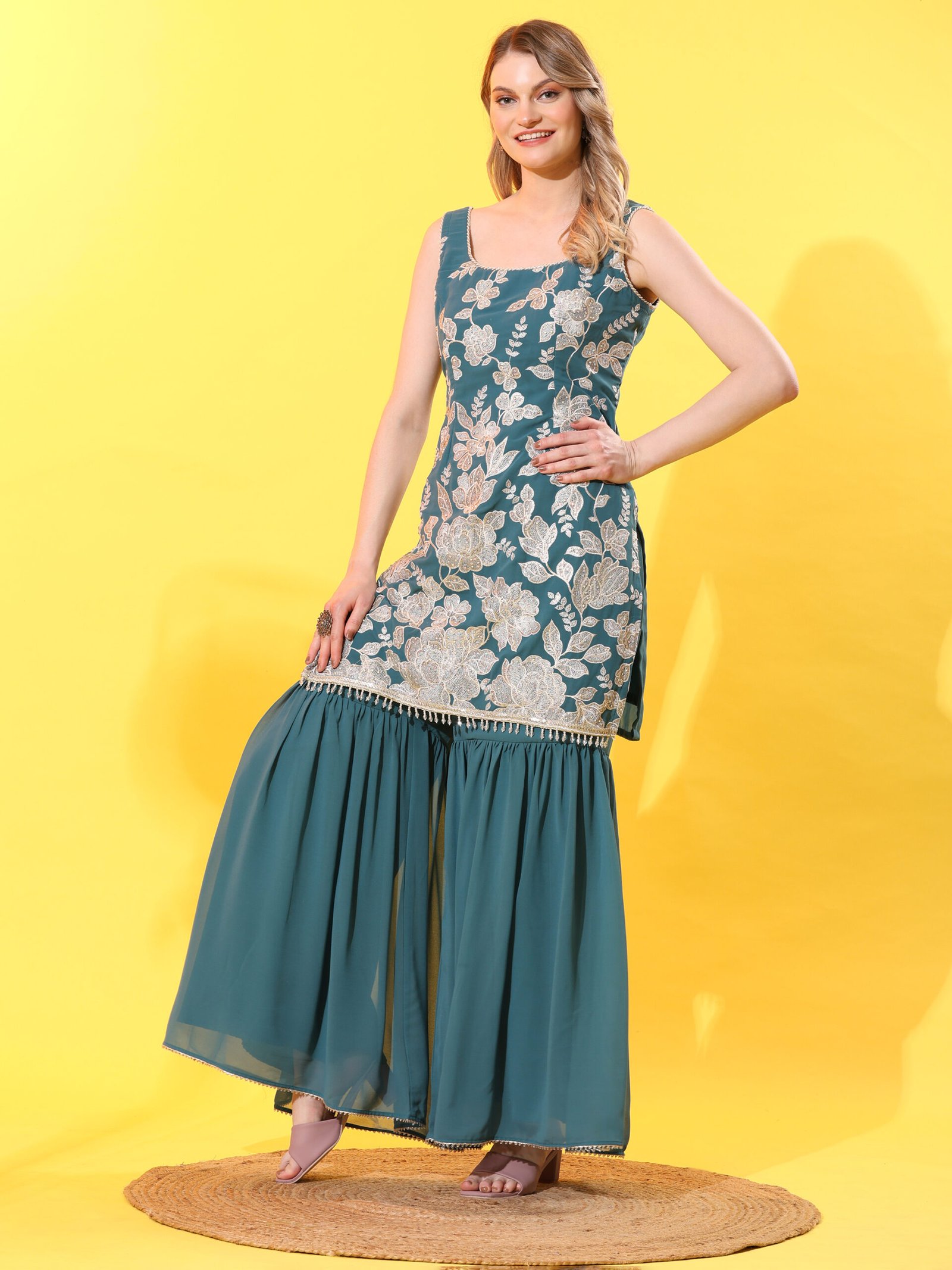 Teal Bloom Embroidered Sharara Set - Image 2