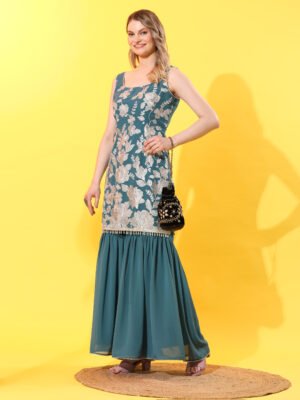 Teal Bloom Embroidered Sharara Set