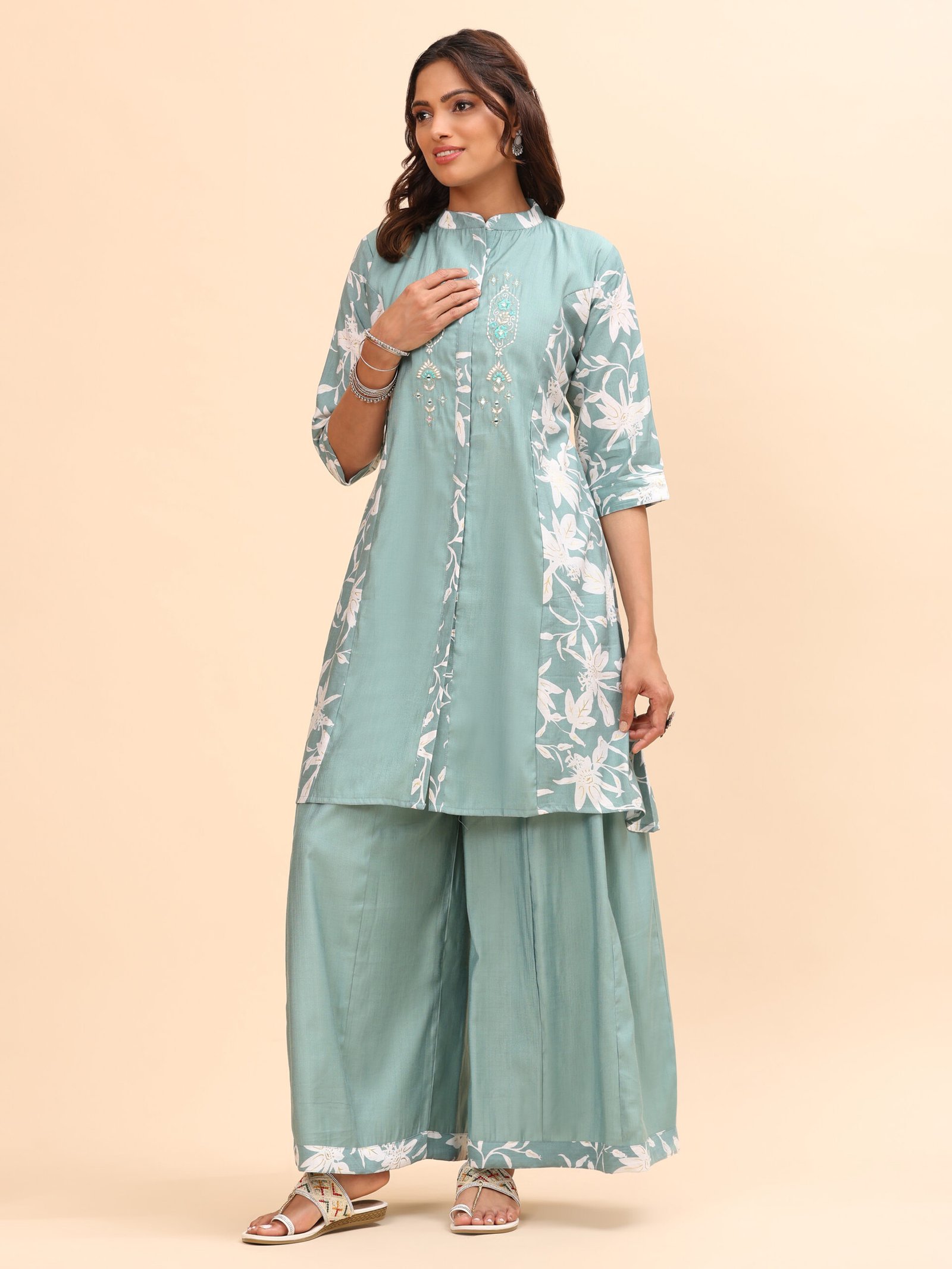 Mint Green Floral Kurta Set - Image 3