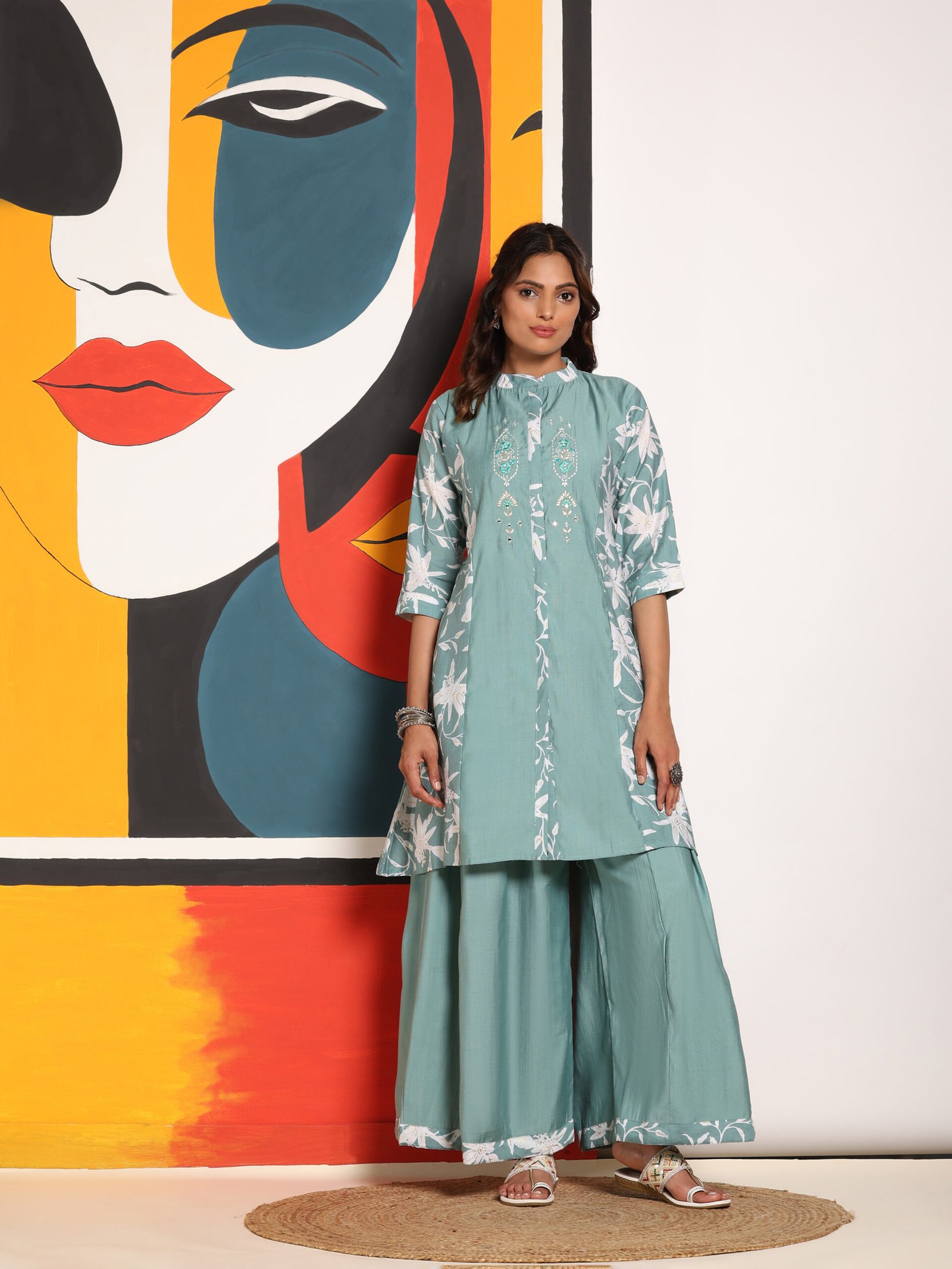 Mint Green Floral Kurta Set