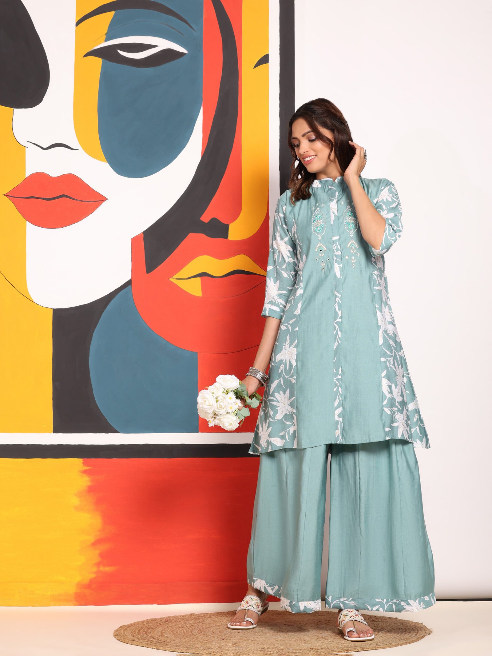 Mint Green Floral Kurta Set - Image 2