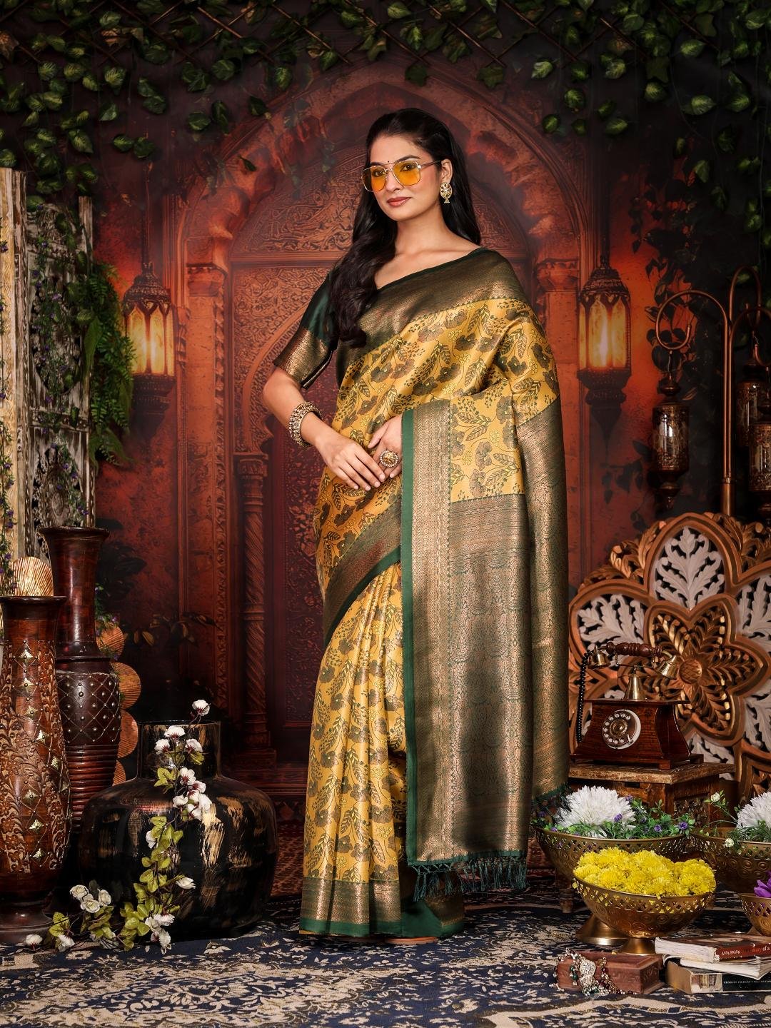 Banarasi Yellow Crafted Silk Party Wear Saree - Image 3