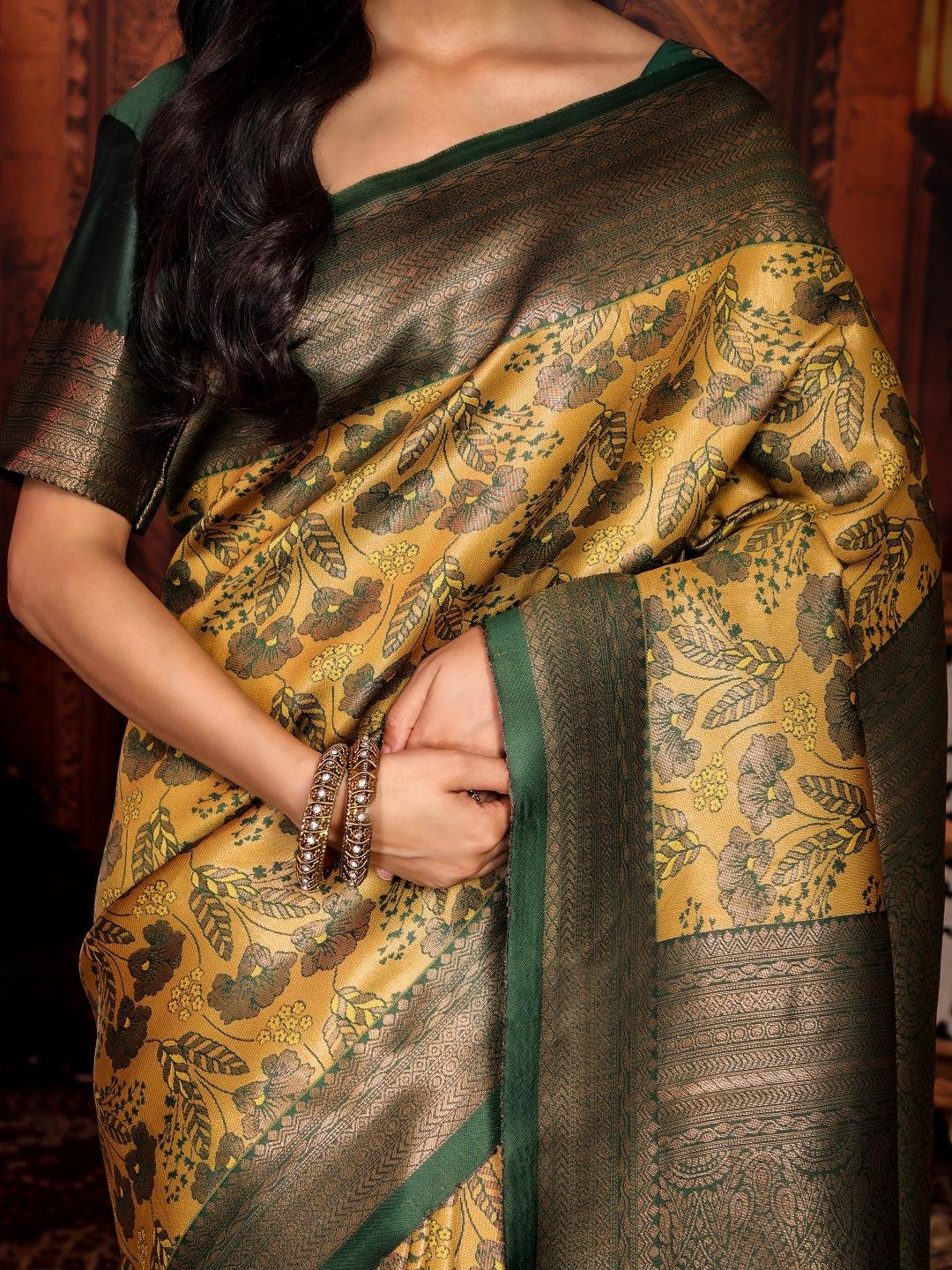 Banarasi Yellow Crafted Silk Party Wear Saree - Image 5