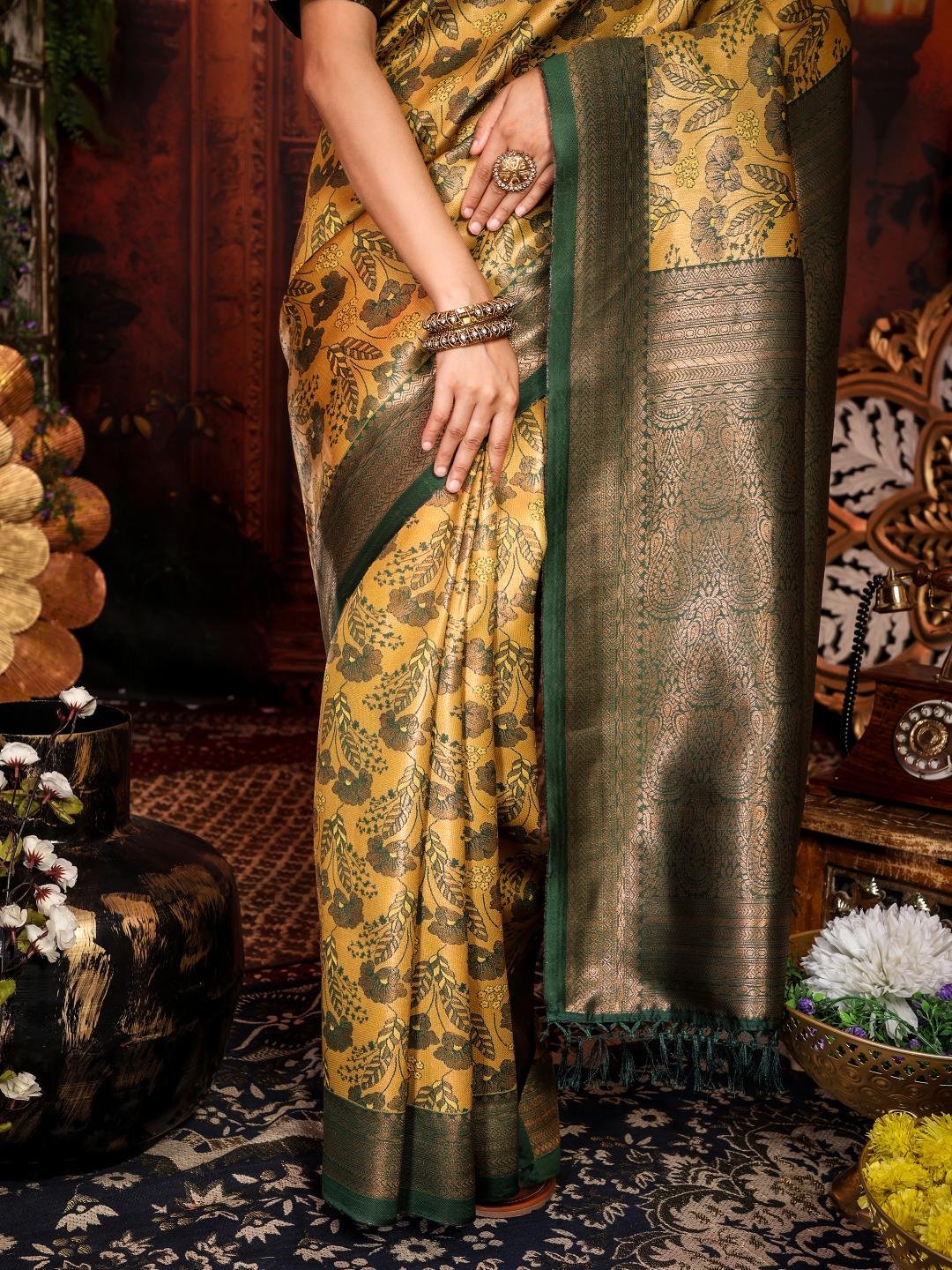 Banarasi Yellow Crafted Silk Party Wear Saree - Image 6